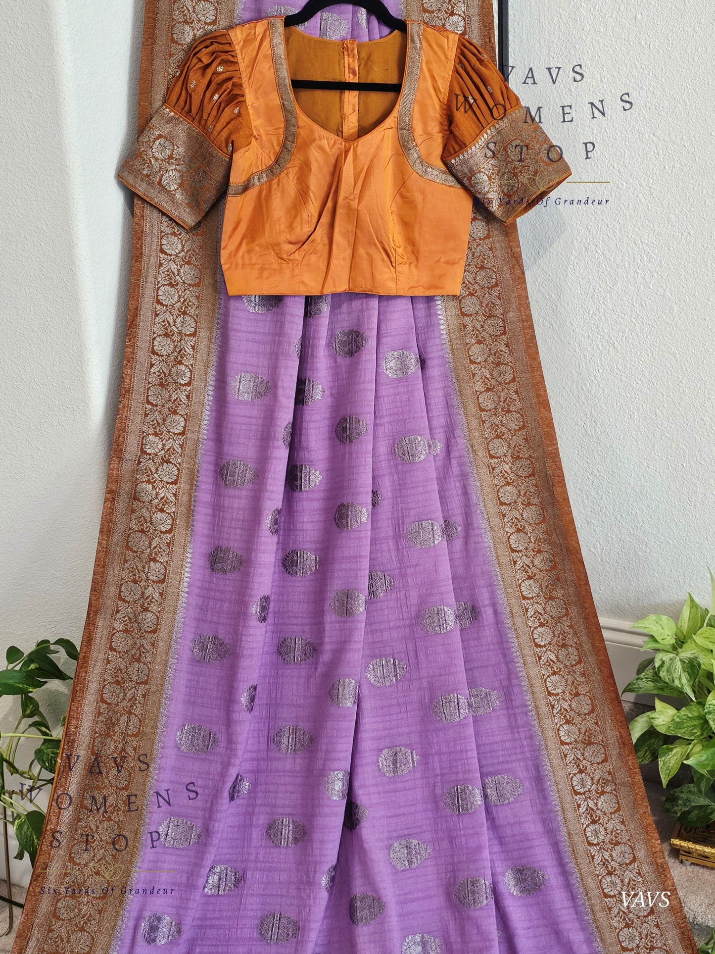 Lavender Semi Tussar Georgette Saree with Rust Shade Border | Stitched Blouse Size 34–40