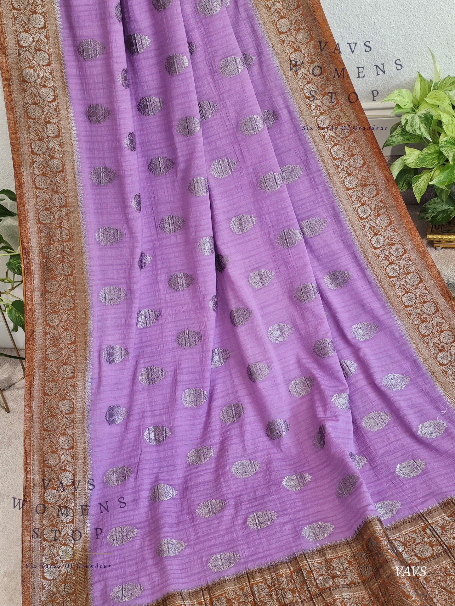 Lavender Semi Tussar Georgette Saree with Rust Shade Border | Stitched Blouse Size 34–40