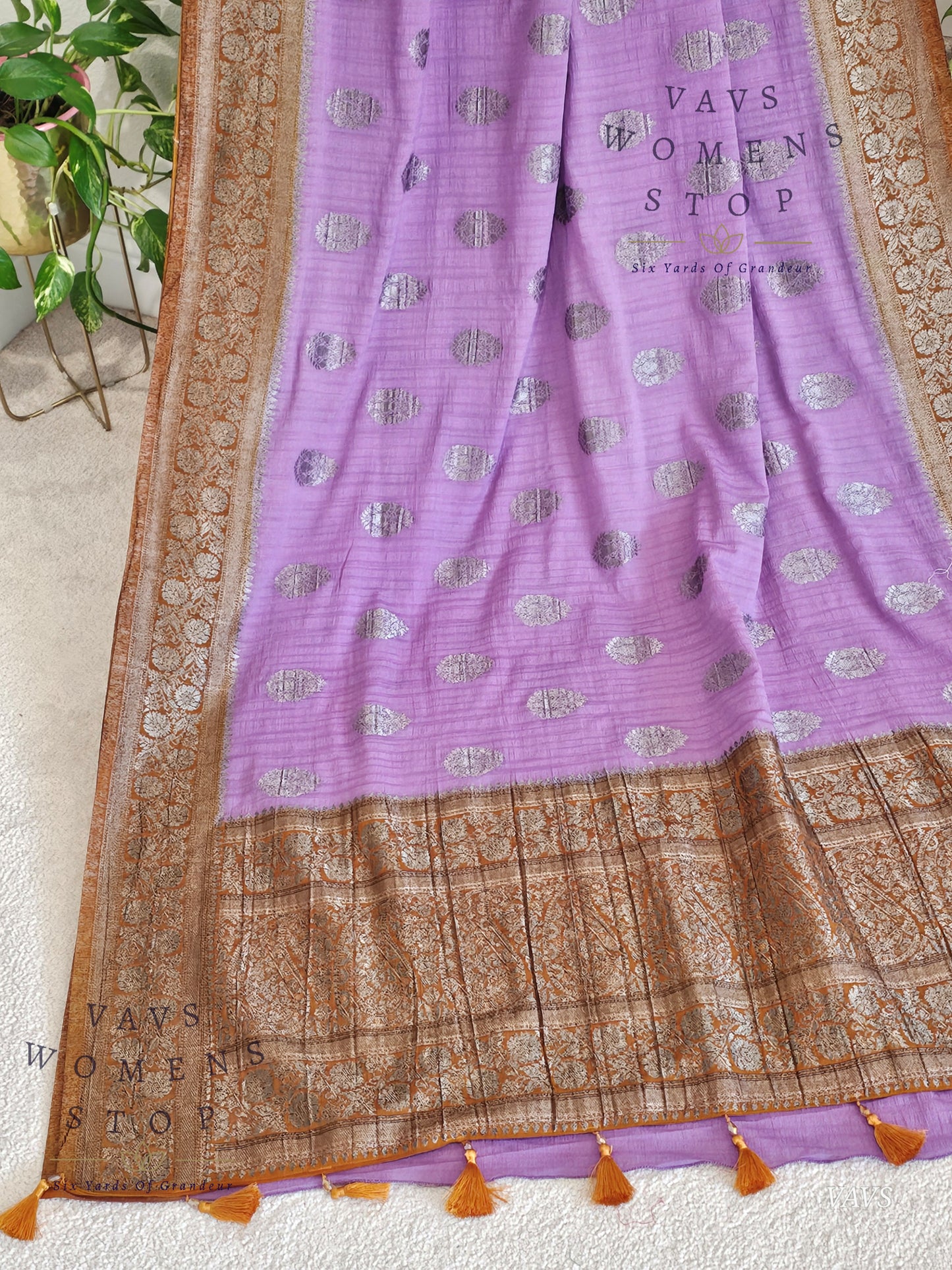 Lavender Semi Tussar Georgette Saree with Rust Shade Border | Stitched Blouse Size 34–40