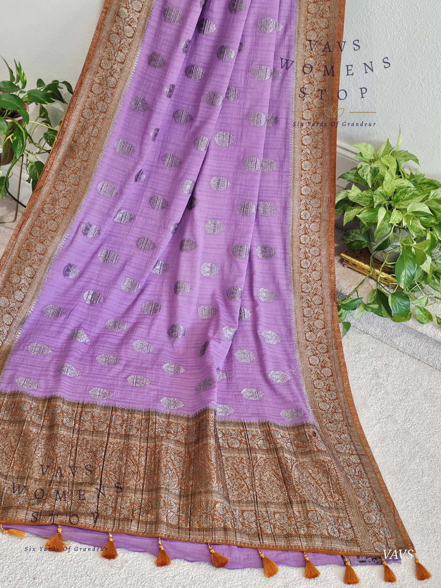 Lavender Semi Tussar Georgette Saree with Rust Shade Border | Stitched Blouse Size 34–40
