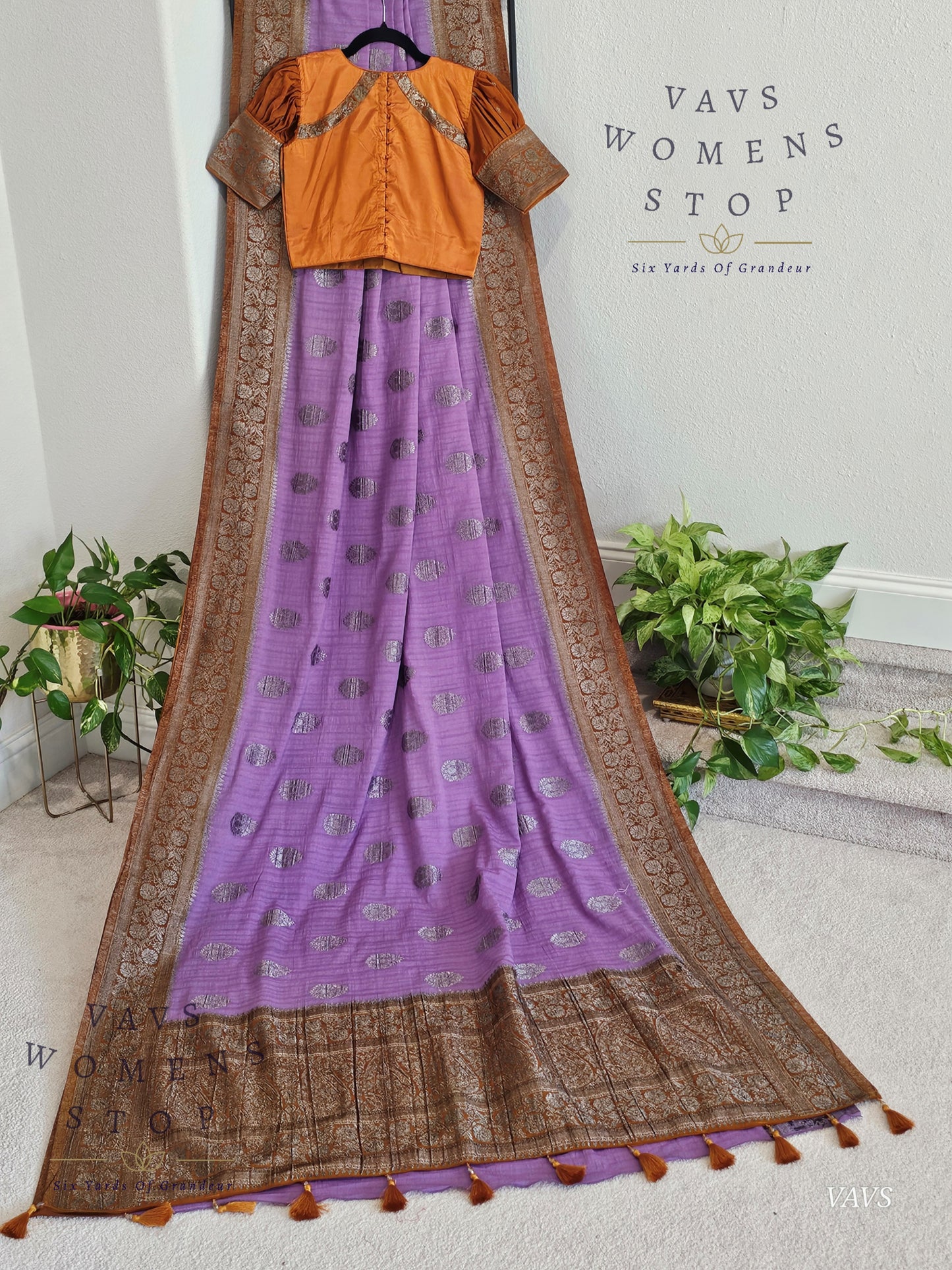 Lavender Semi Tussar Georgette Saree with Rust Shade Border | Stitched Blouse Size 34–40