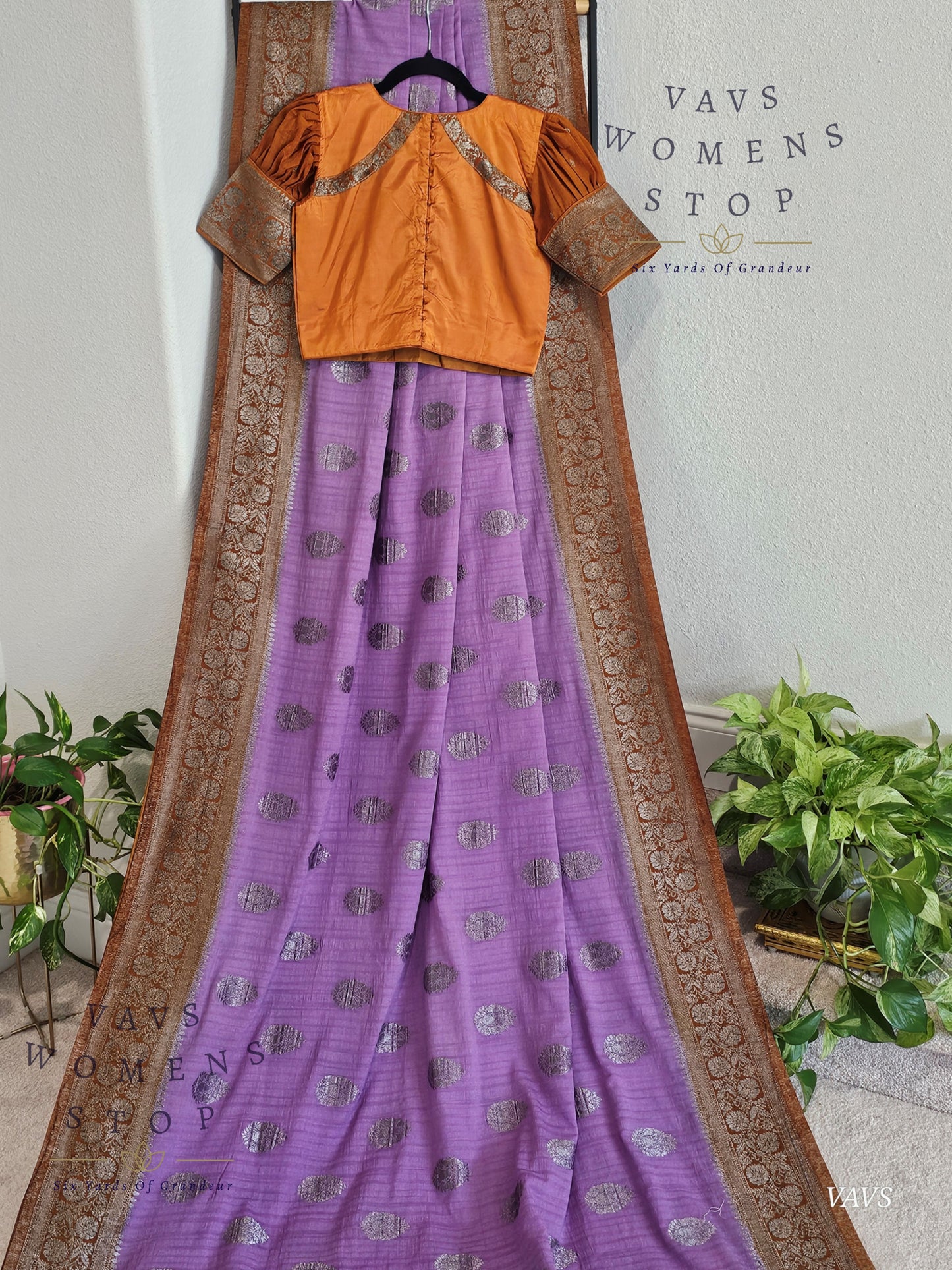 Lavender Semi Tussar Georgette Saree with Rust Shade Border | Stitched Blouse Size 34–40
