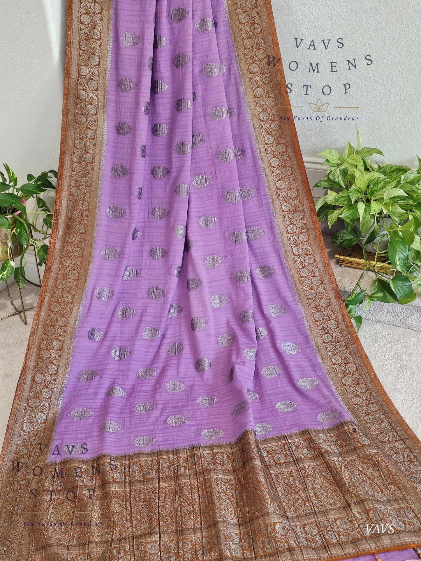 Lavender Semi Tussar Georgette Saree with Rust Shade Border | Stitched Blouse Size 34–40
