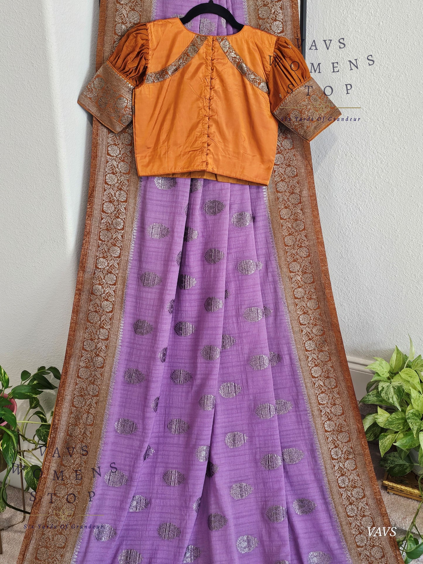 Lavender Semi Tussar Georgette Saree with Rust Shade Border | Stitched Blouse Size 34–40