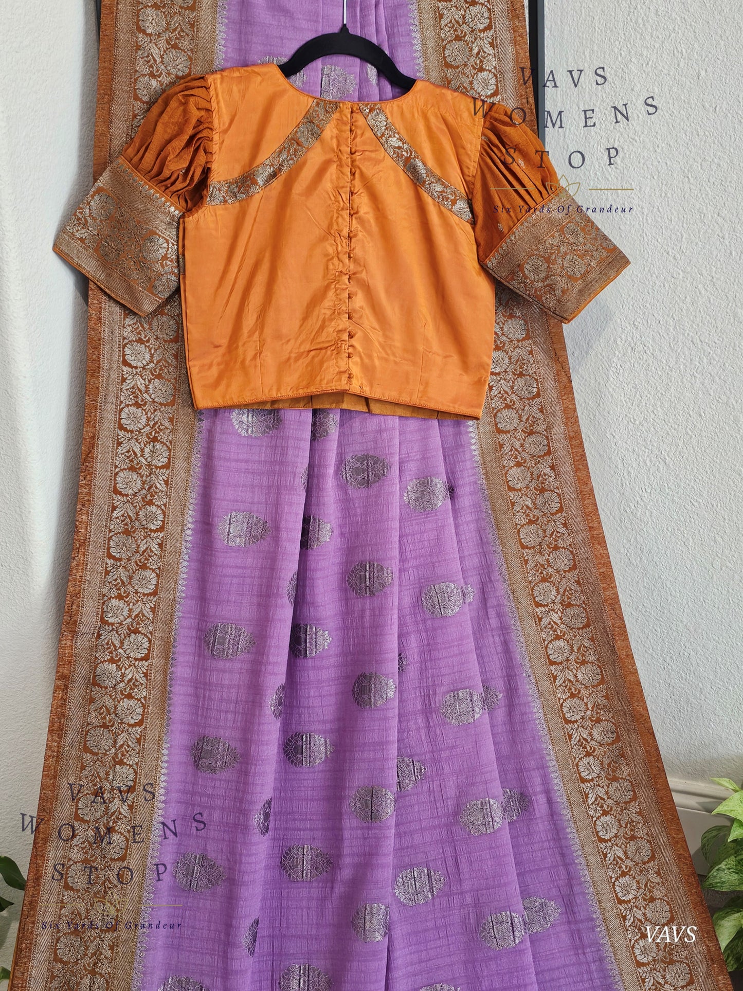 Lavender Semi Tussar Georgette Saree with Rust Shade Border | Stitched Blouse Size 34–40