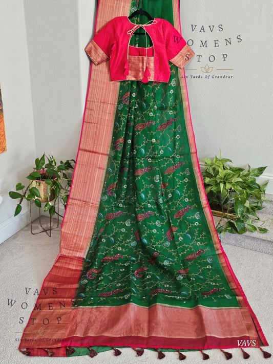 Premium Kota Silk Meenakari Designer Saree with All-Over Peacock Embroidery | Stitched Blouse Included