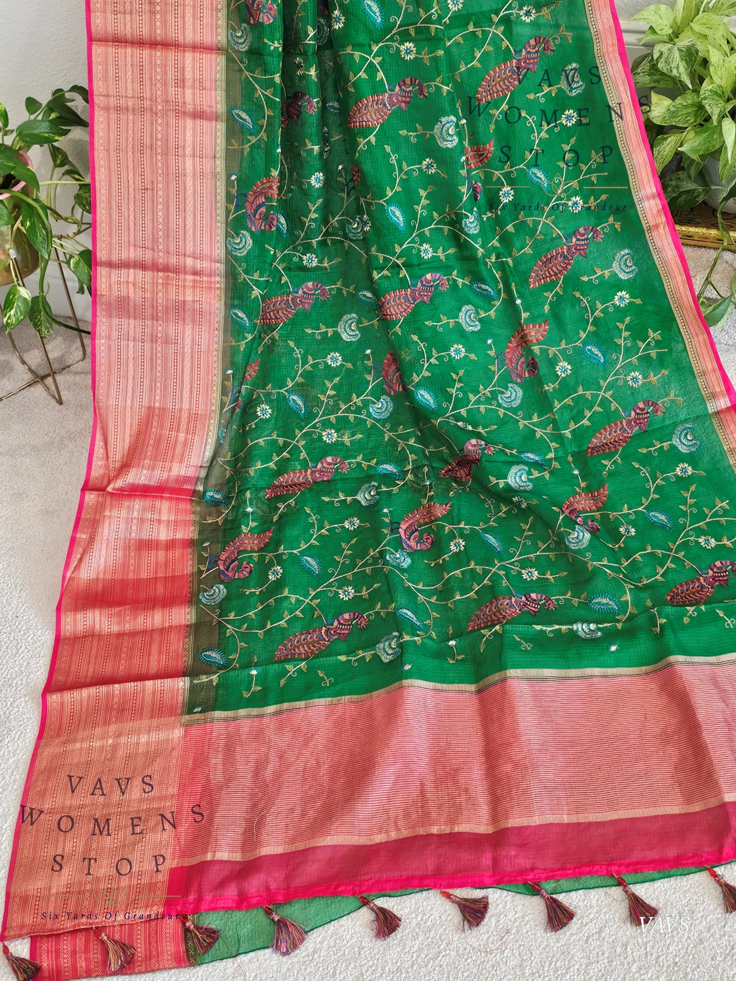 Premium Kota Silk Meenakari Designer Saree with All-Over Peacock Embroidery | Stitched Blouse Included