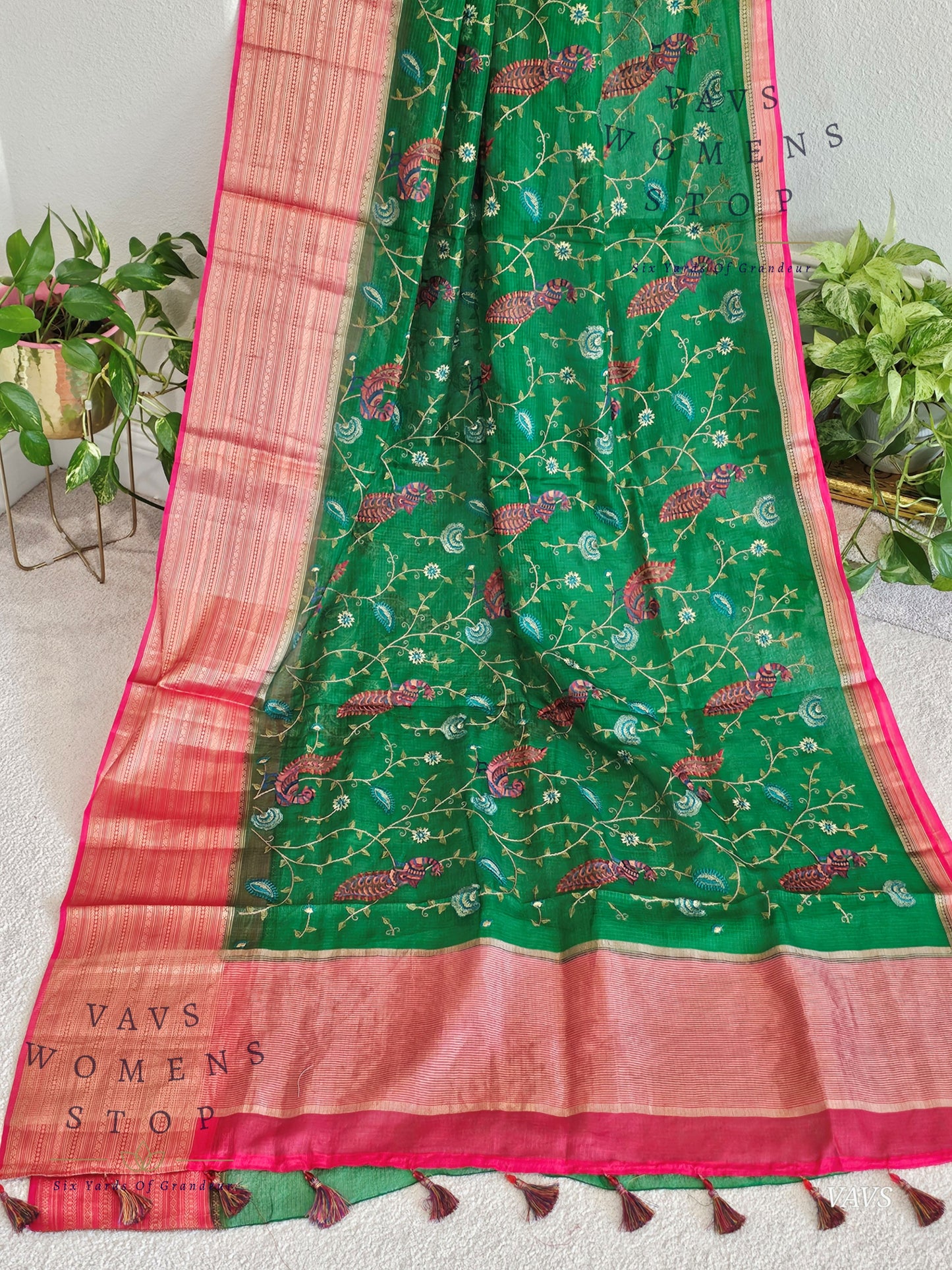 Premium Kota Silk Meenakari Designer Saree with All-Over Peacock Embroidery | Stitched Blouse Included