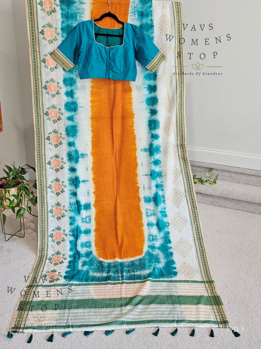 Soft Khadi Cotton Shibori Print Saree with Floral Machine Embroidery | Stitched Blouse Included