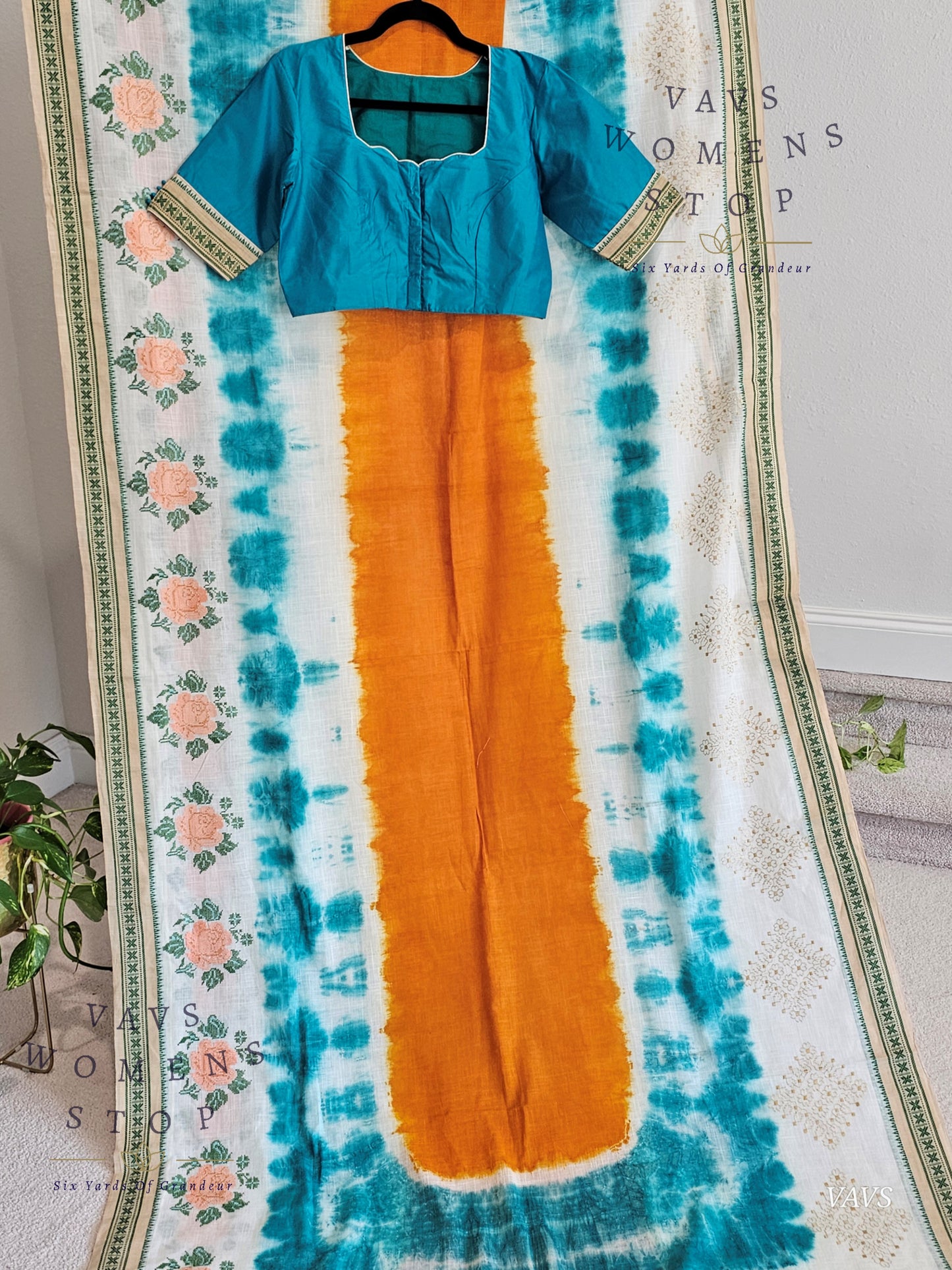 Soft Khadi Cotton Shibori Print Saree with Floral Machine Embroidery | Stitched Blouse Included