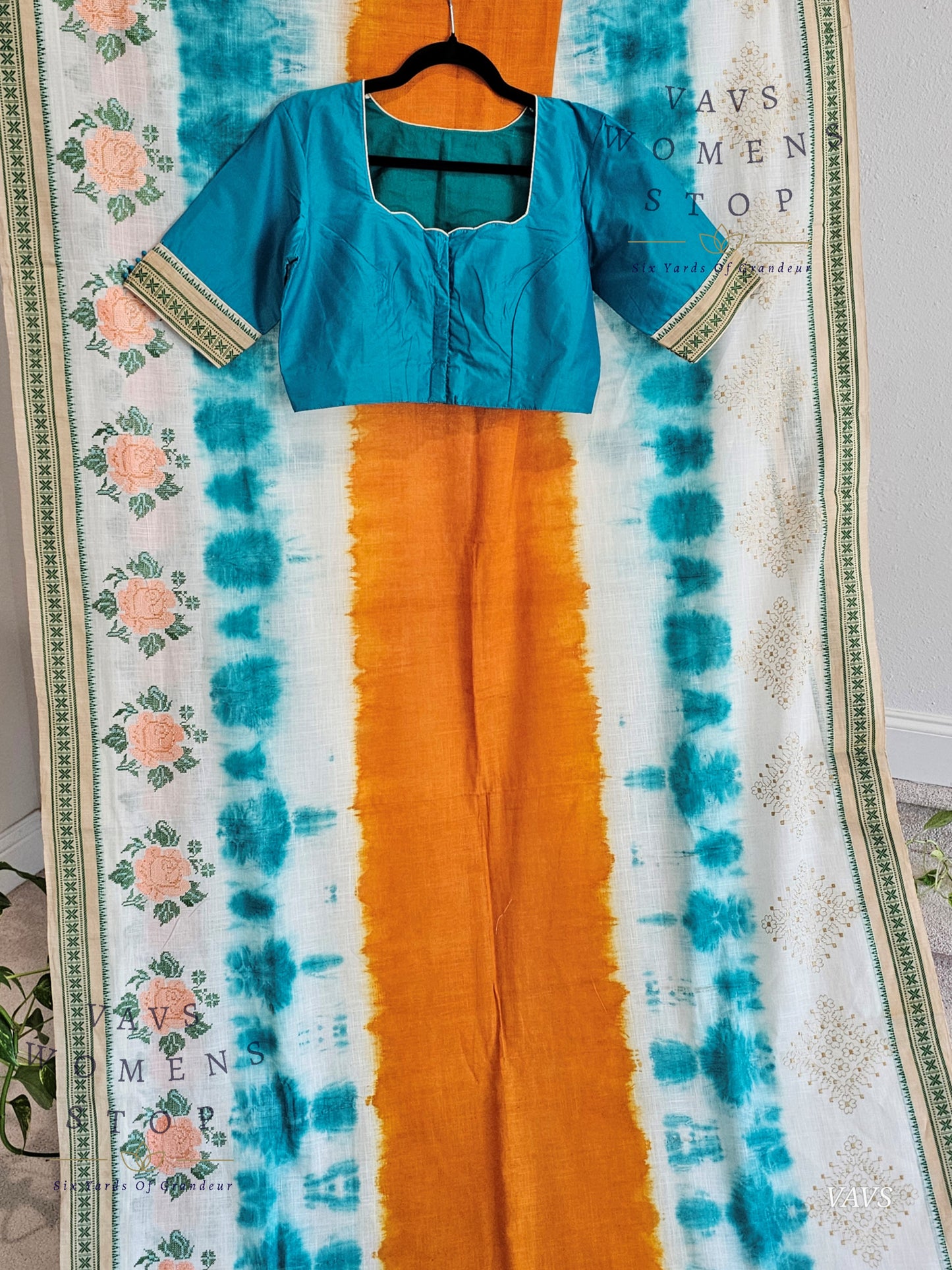Soft Khadi Cotton Shibori Print Saree with Floral Machine Embroidery | Stitched Blouse Included