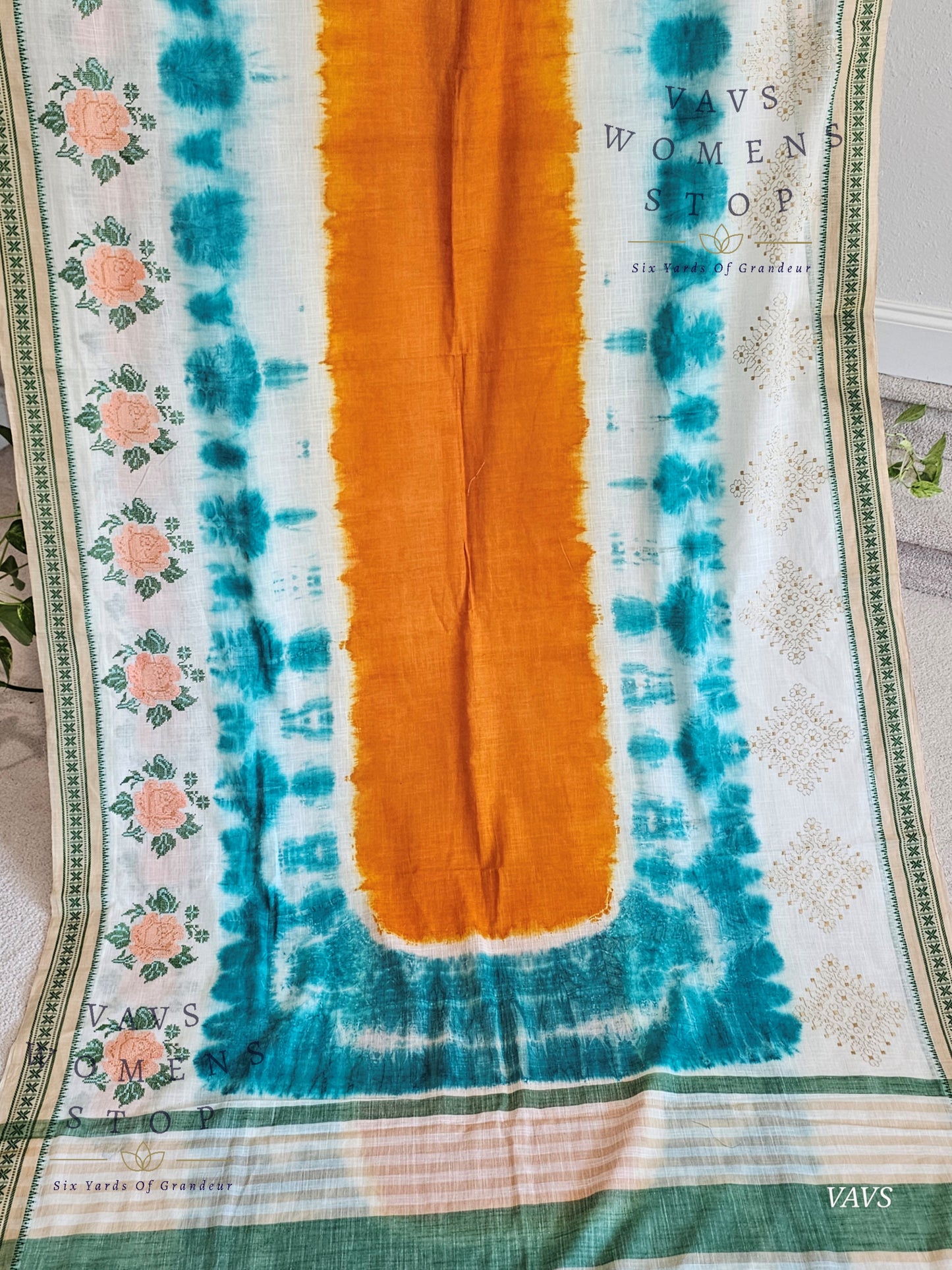 Soft Khadi Cotton Shibori Print Saree with Floral Machine Embroidery | Stitched Blouse Included
