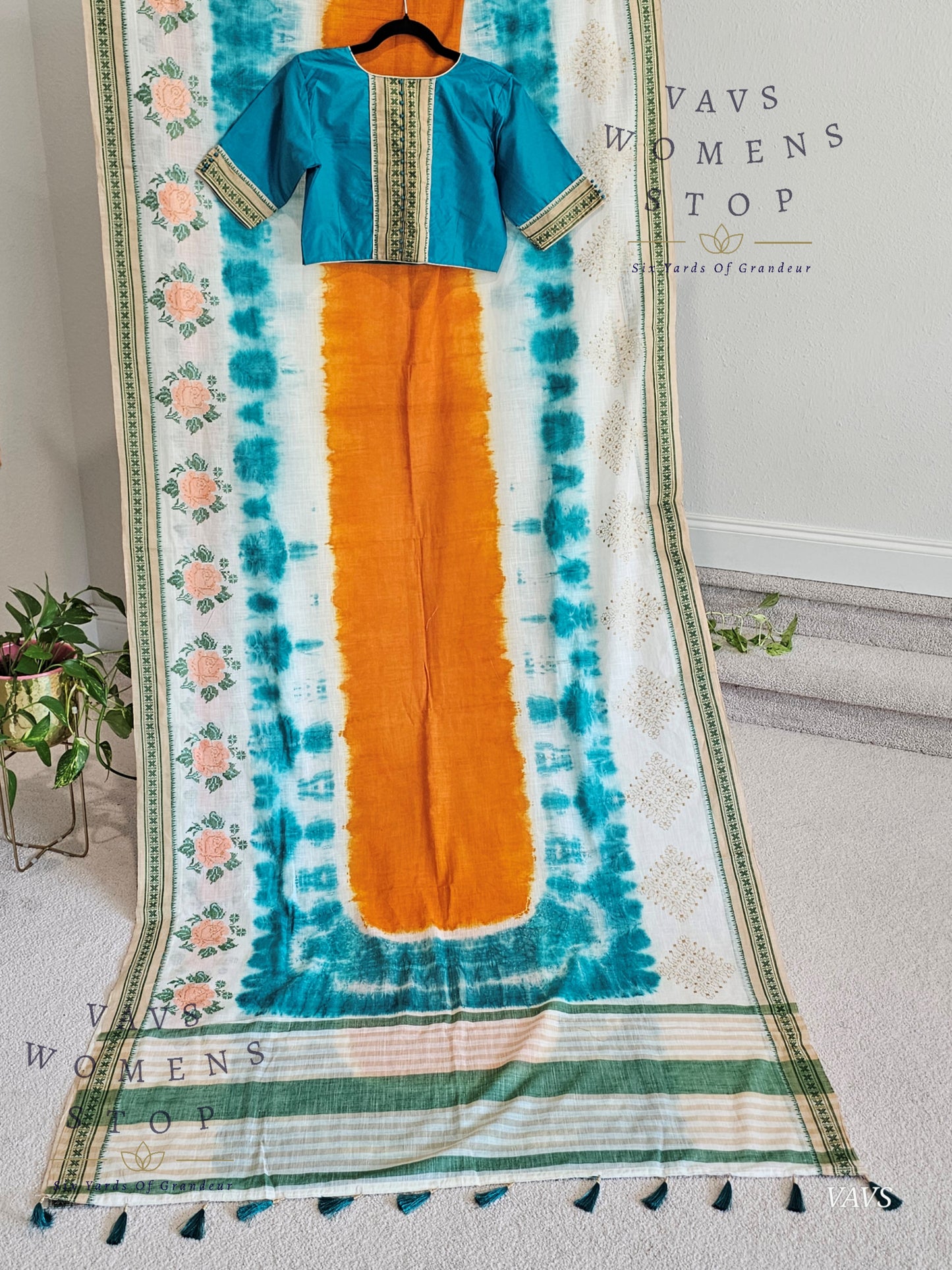 Soft Khadi Cotton Shibori Print Saree with Floral Machine Embroidery | Stitched Blouse Included