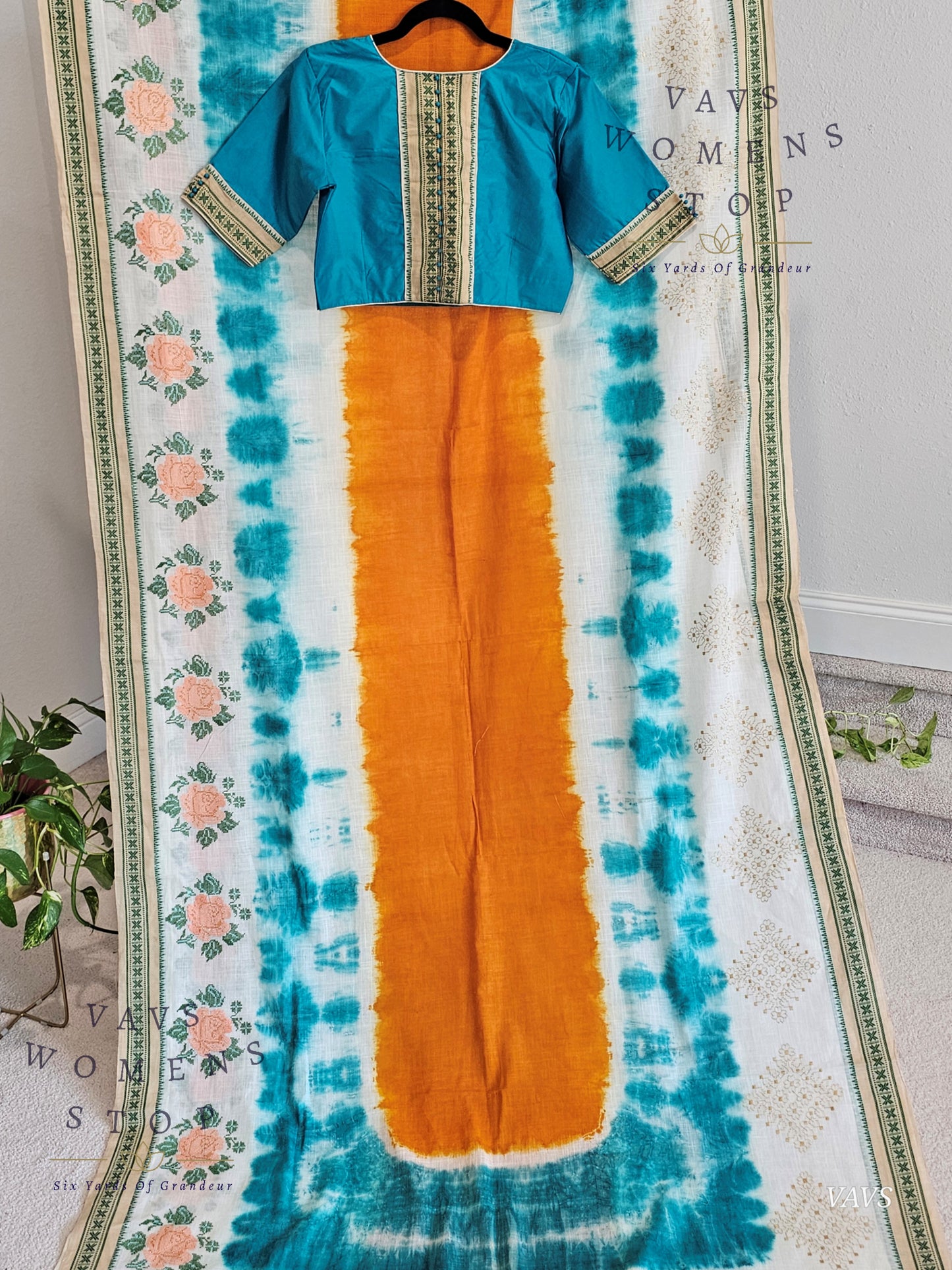 Soft Khadi Cotton Shibori Print Saree with Floral Machine Embroidery | Stitched Blouse Included