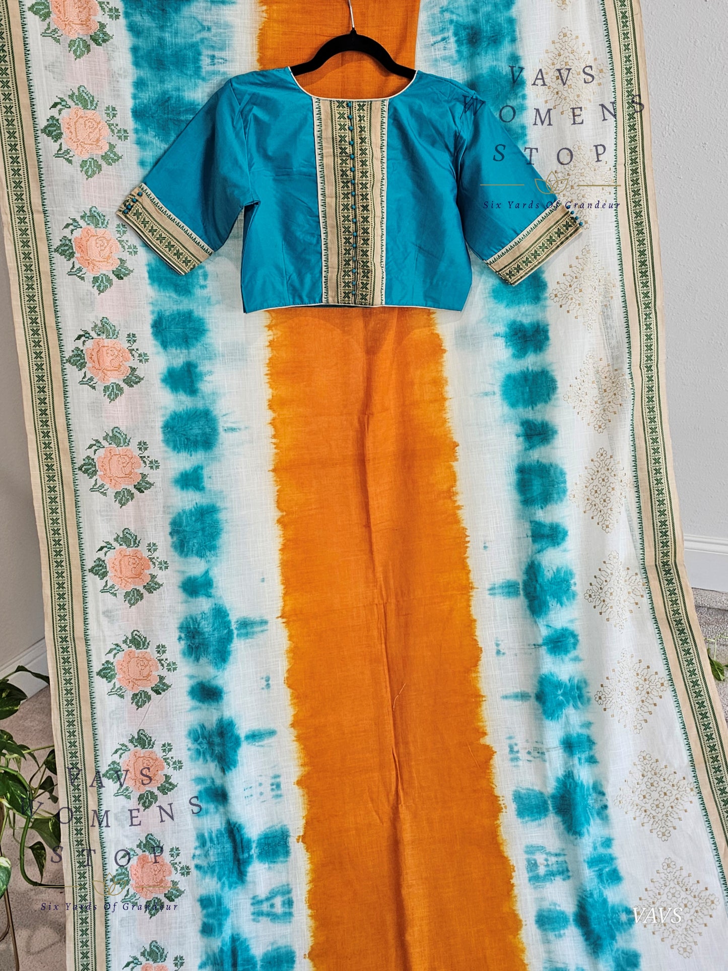 Soft Khadi Cotton Shibori Print Saree with Floral Machine Embroidery | Stitched Blouse Included