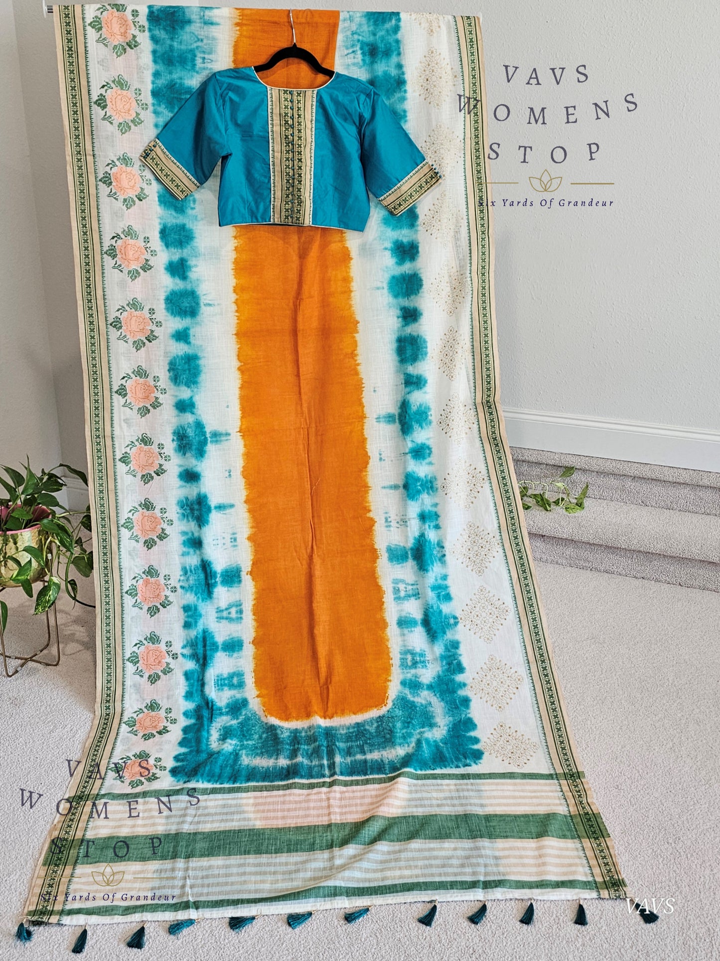 Soft Khadi Cotton Shibori Print Saree with Floral Machine Embroidery | Stitched Blouse Included