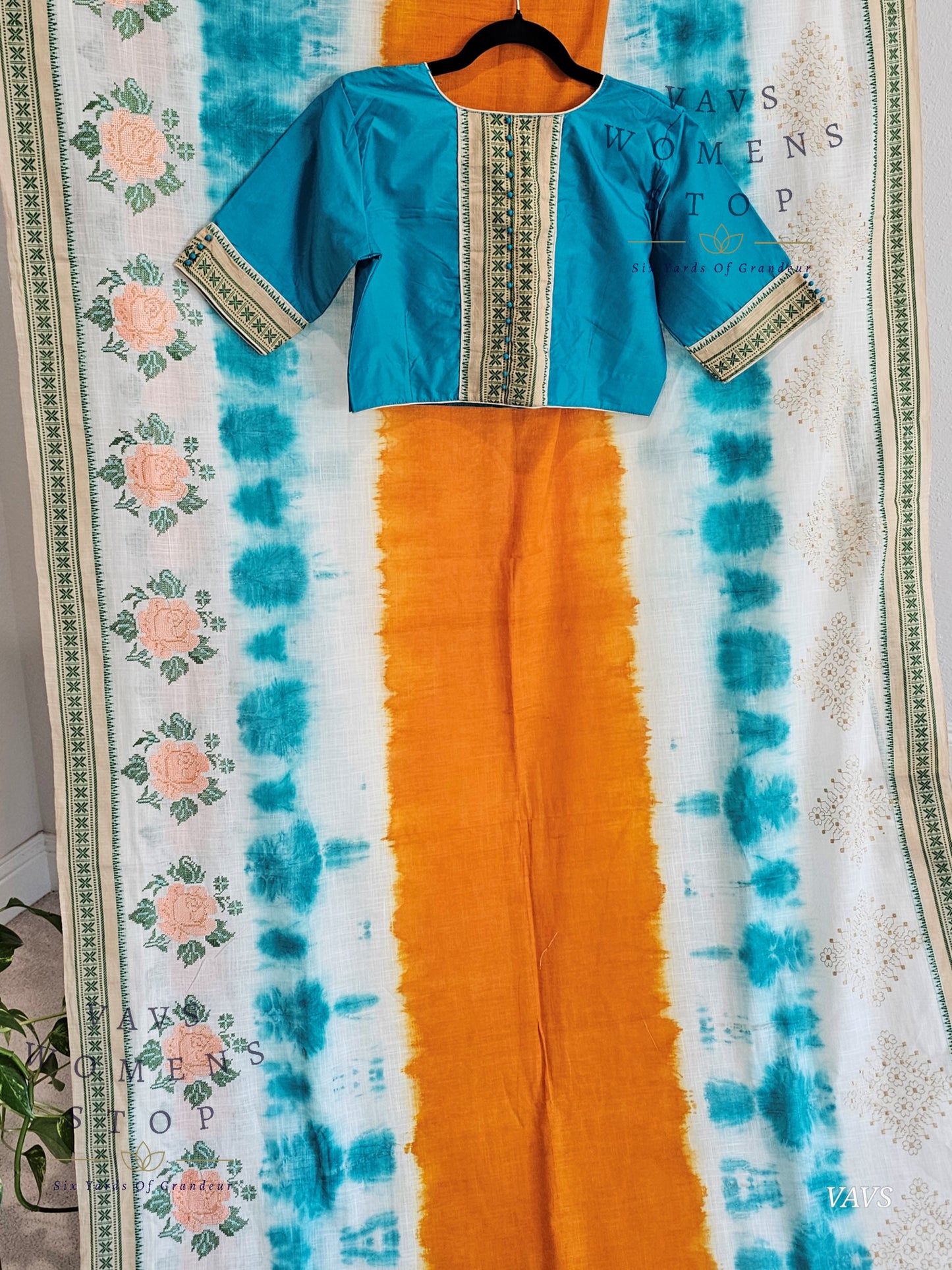 Soft Khadi Cotton Shibori Print Saree with Floral Machine Embroidery | Stitched Blouse Included