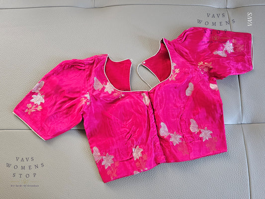 Pink Moonga Banarasi Silk Saree with Butterfly Woven Butta Blouse