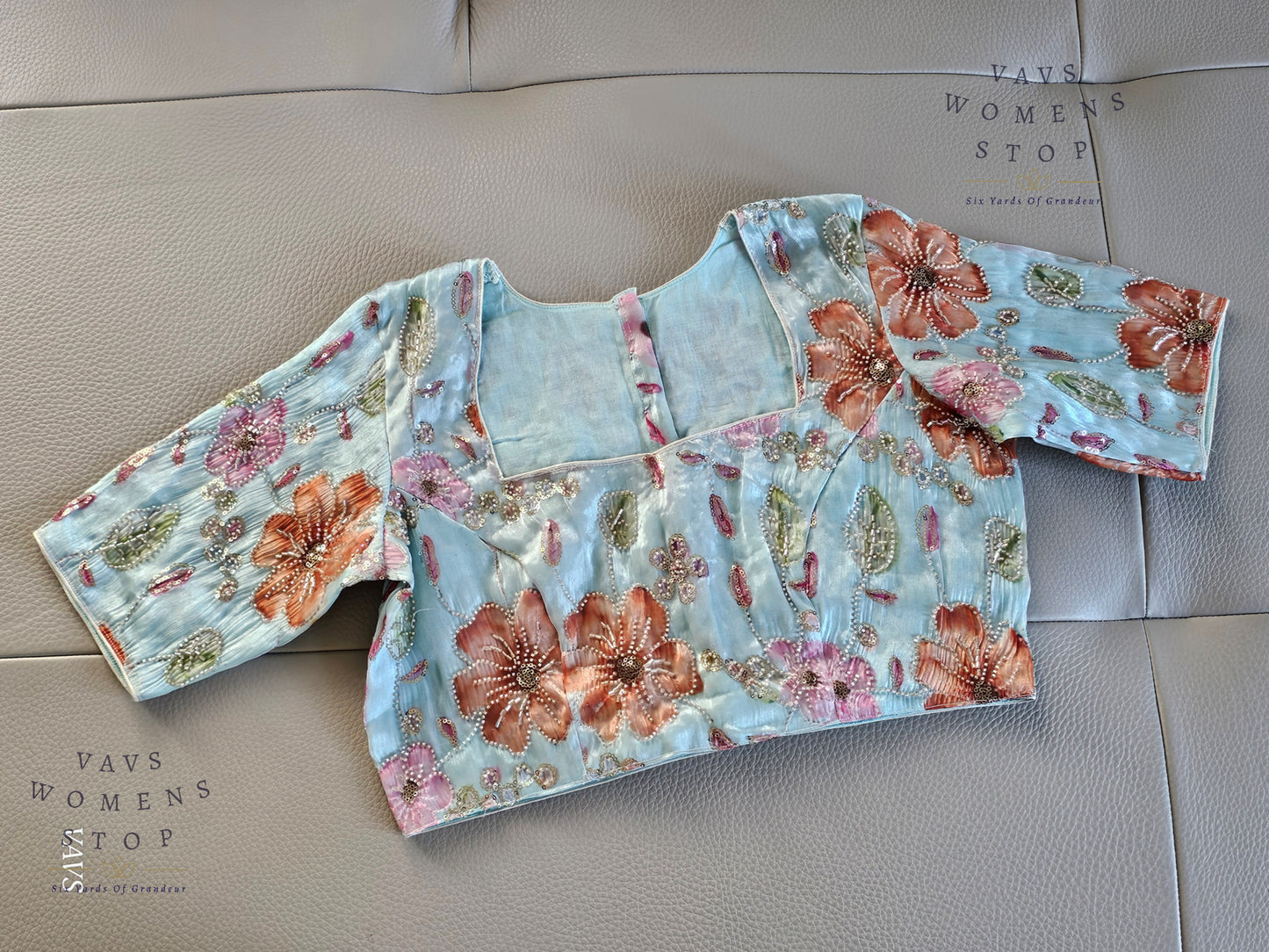 Blue Shade Floral Print Machine Embroidered Blouse