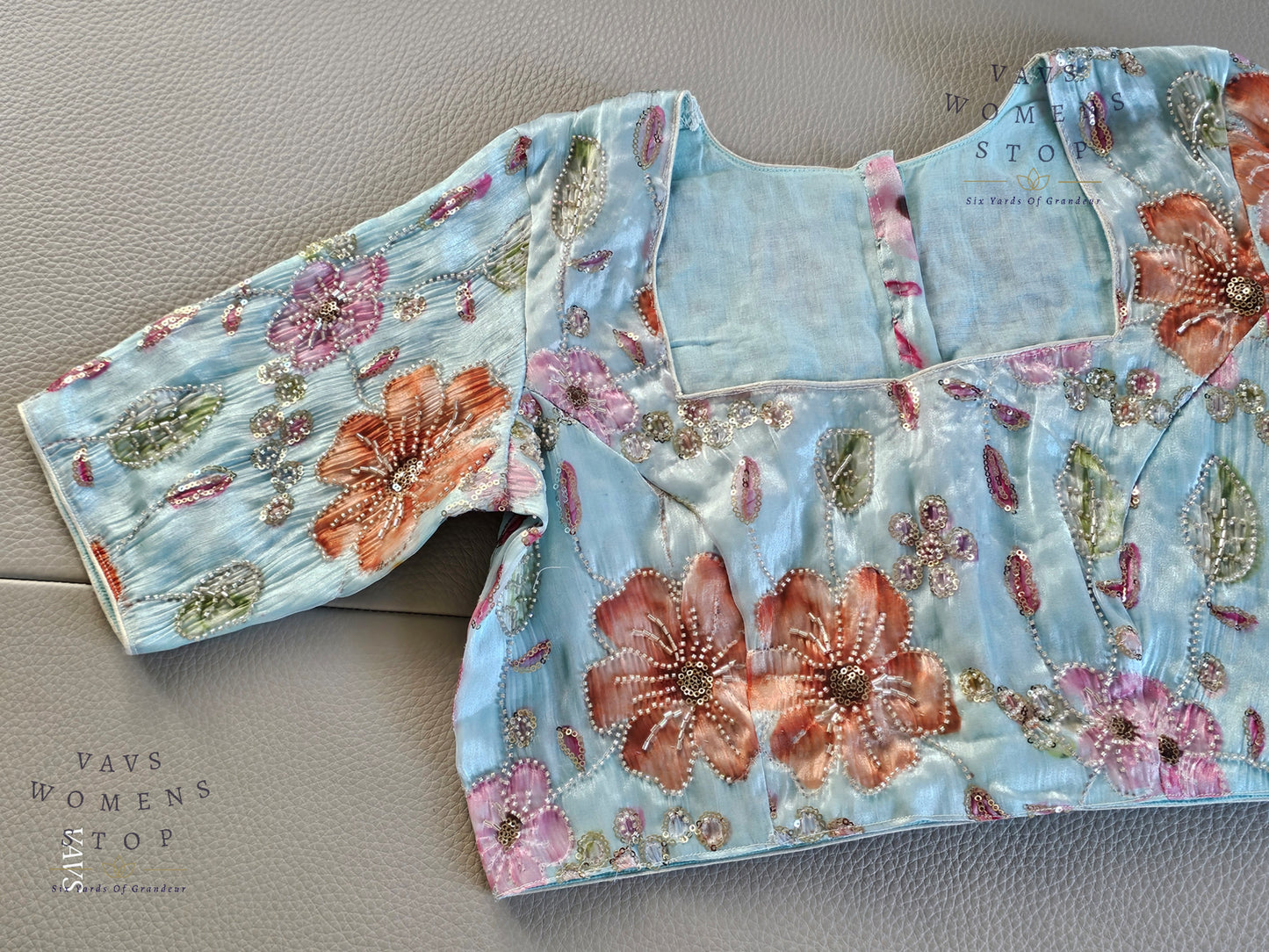 Blue Shade Floral Print Machine Embroidered Blouse