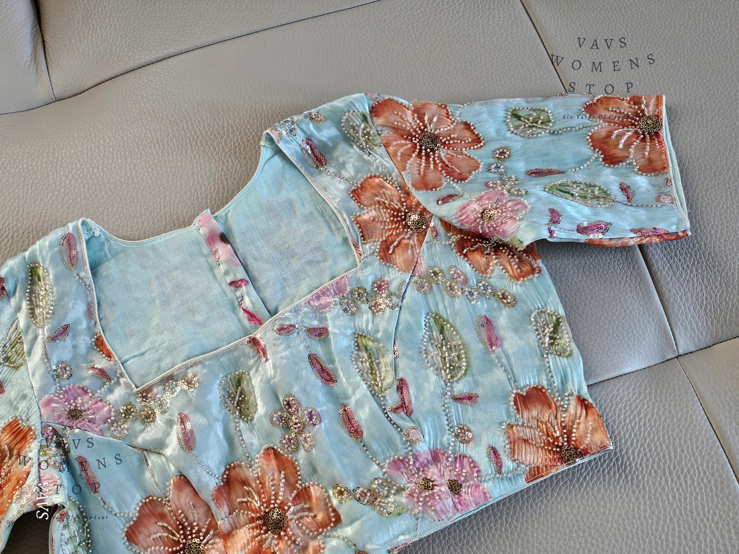 Blue Shade Floral Print Machine Embroidered Blouse