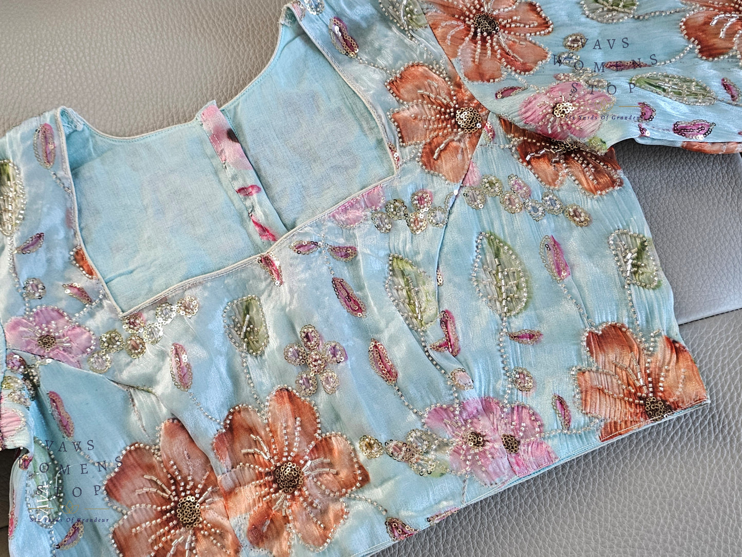 Blue Shade Floral Print Machine Embroidered Blouse
