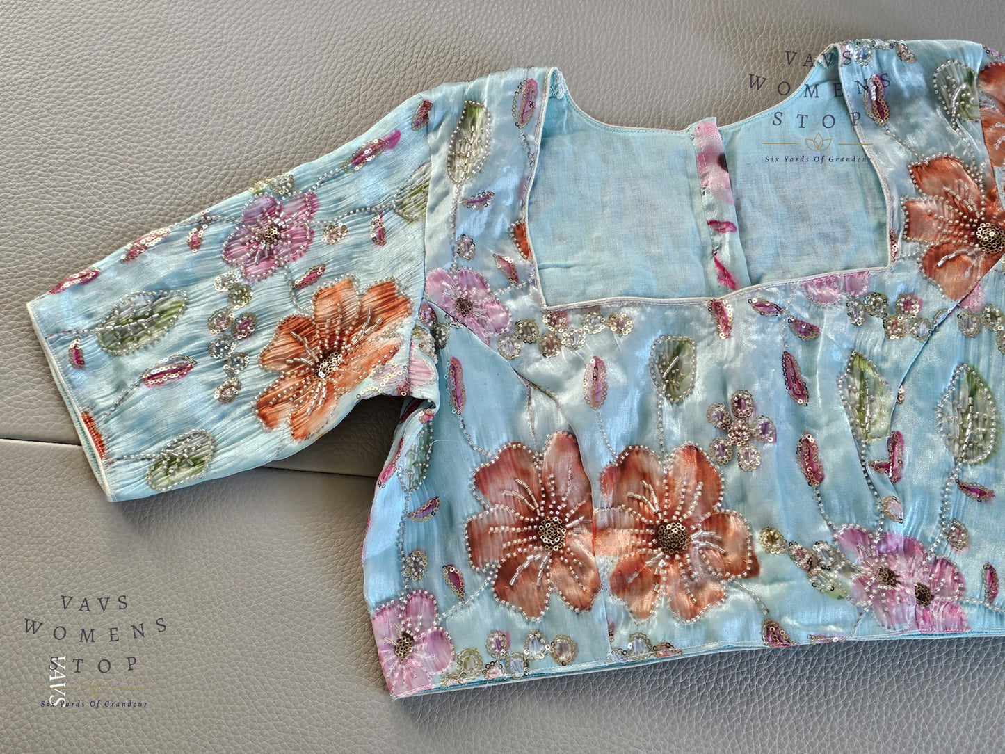 Blue Shade Floral Print Machine Embroidered Blouse