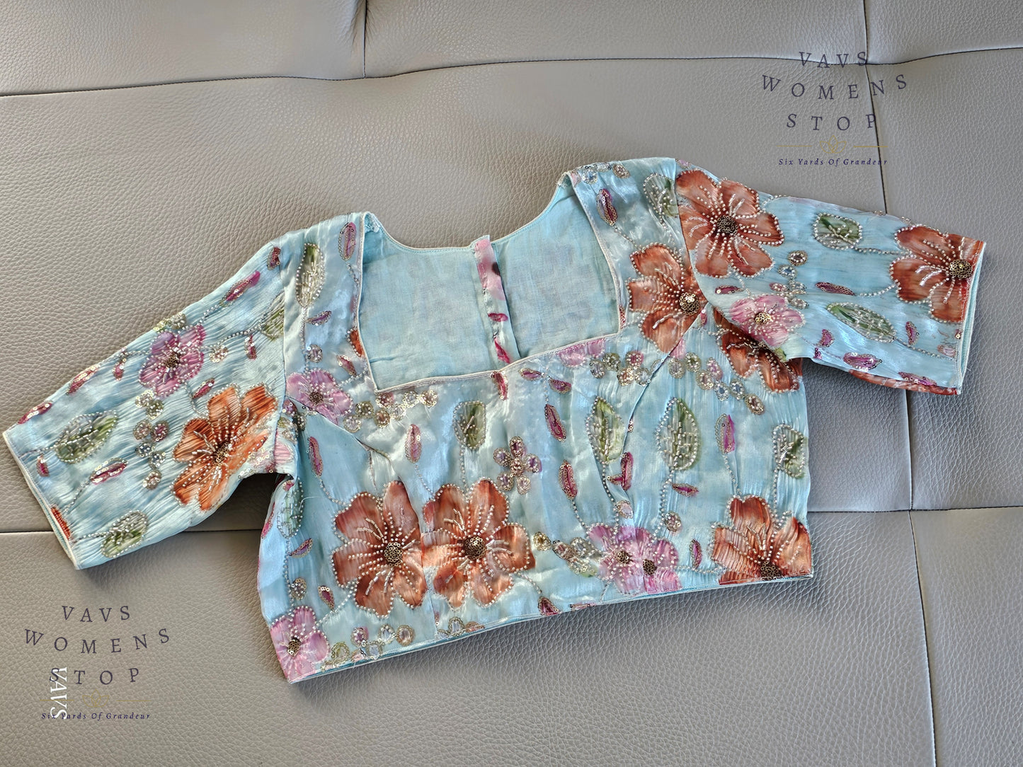 Blue Shade Floral Print Machine Embroidered Blouse
