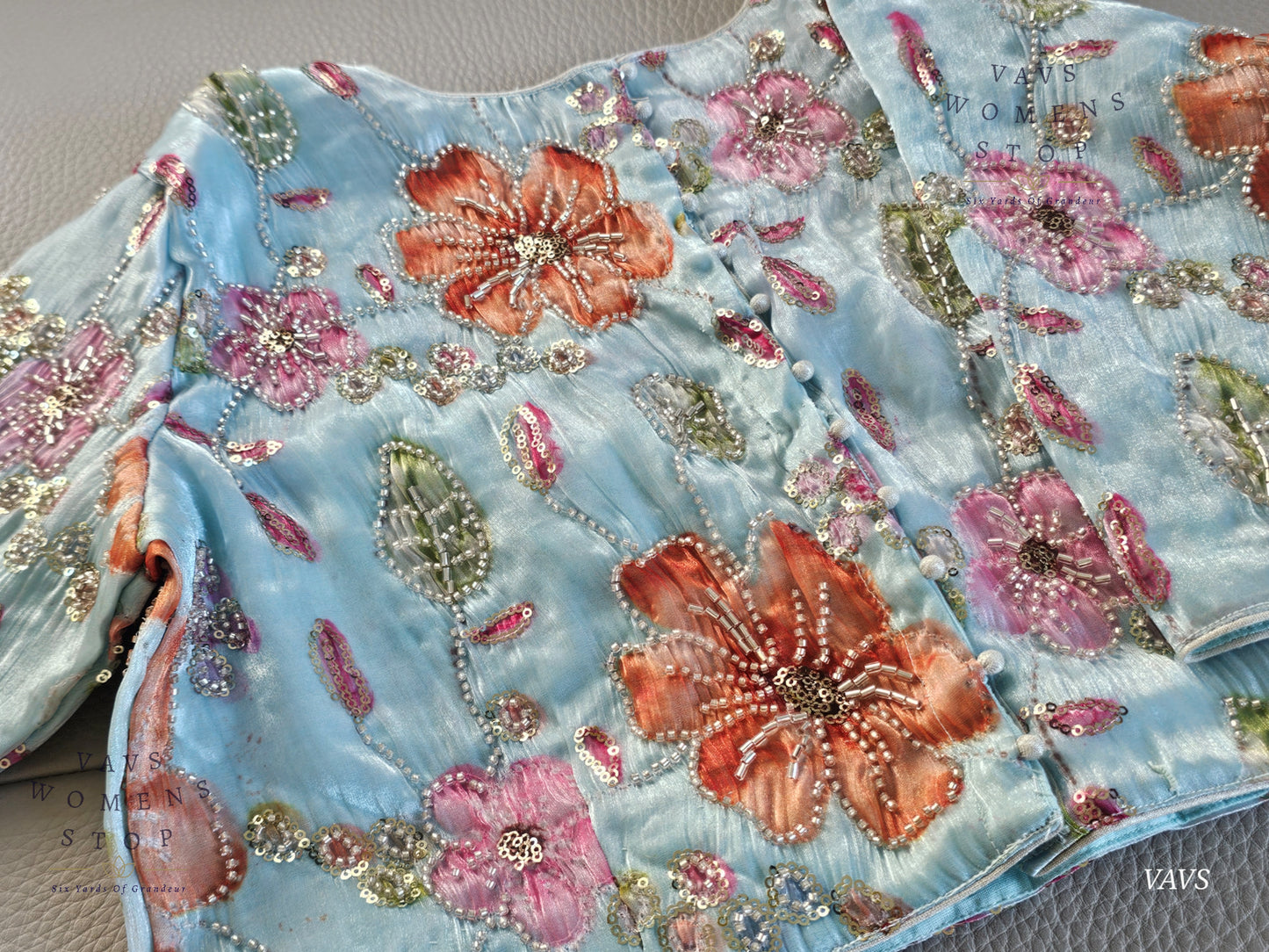 Blue Shade Floral Print Machine Embroidered Blouse