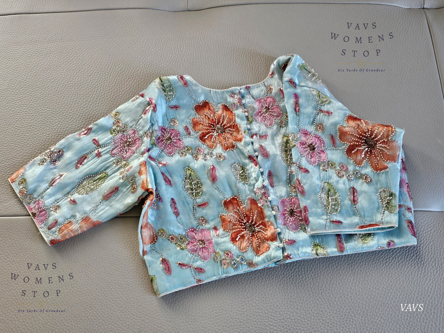 Blue Shade Floral Print Machine Embroidered Blouse