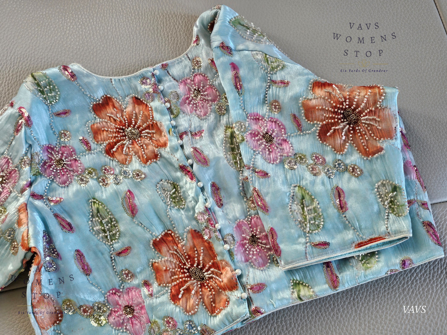 Blue Shade Floral Print Machine Embroidered Blouse