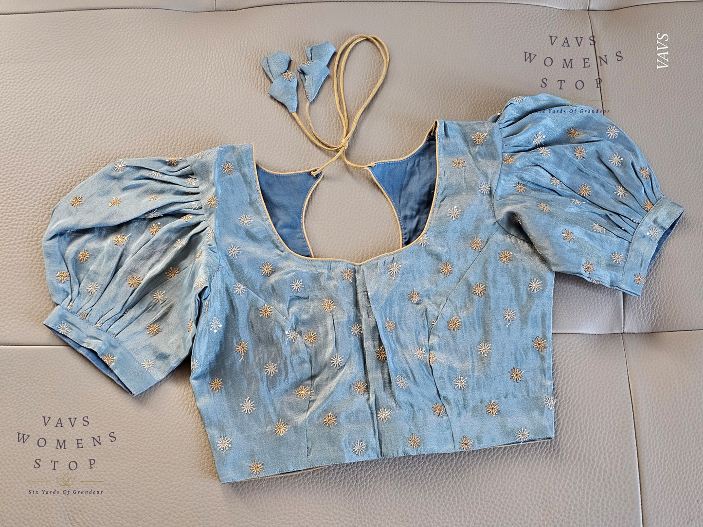 Blue Shade Tissue Blouse with Puff Sleeves & Star Butta Design | Size 34–40