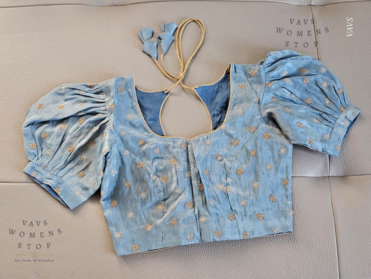 Blue Shade Tissue Blouse with Puff Sleeves & Star Butta Design | Size 34–40