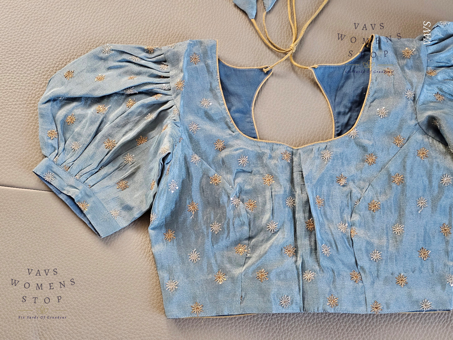 Blue Shade Tissue Blouse with Puff Sleeves & Star Butta Design | Size 34–40