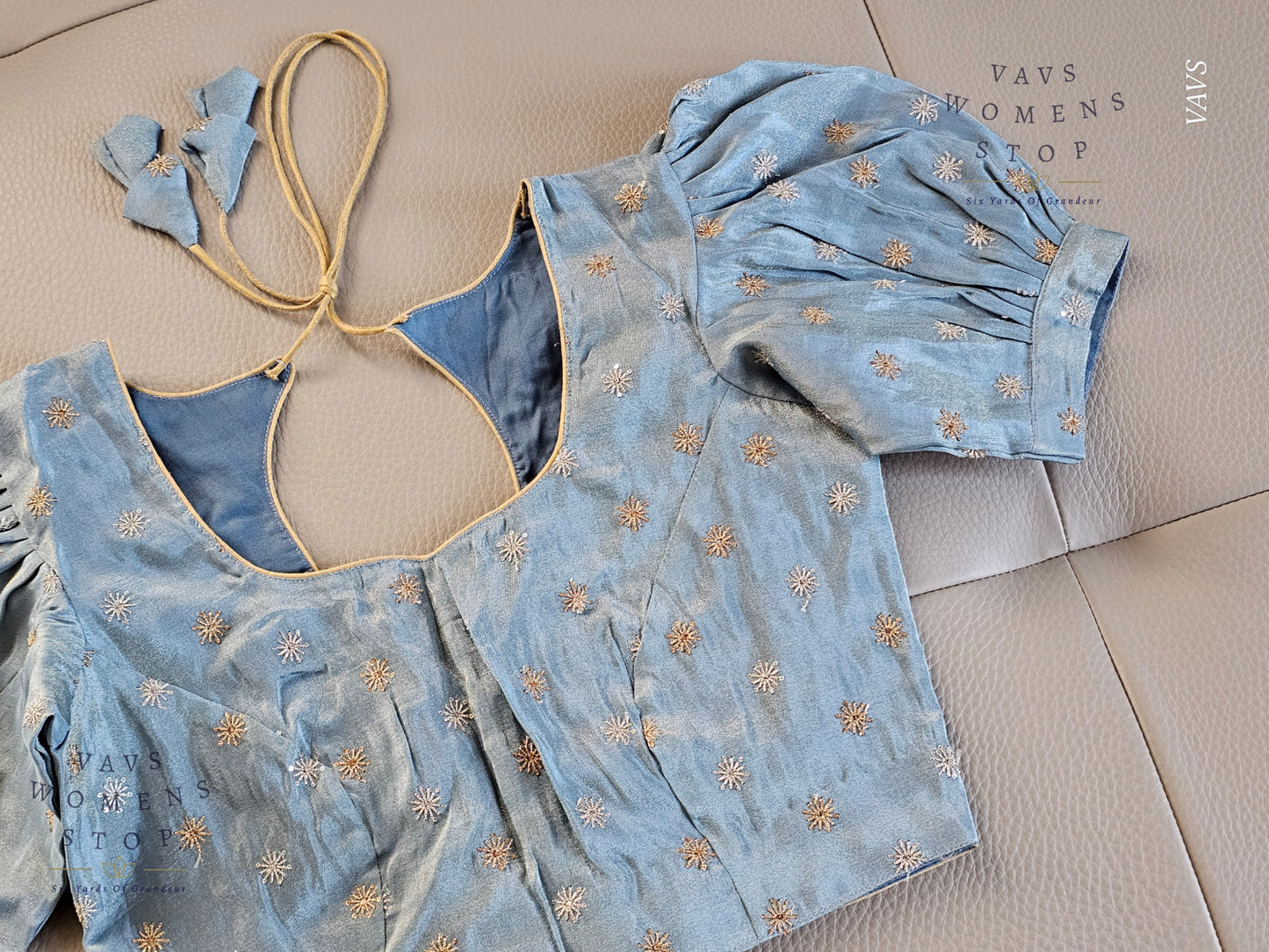 Blue Shade Tissue Blouse with Puff Sleeves & Star Butta Design | Size 34–40