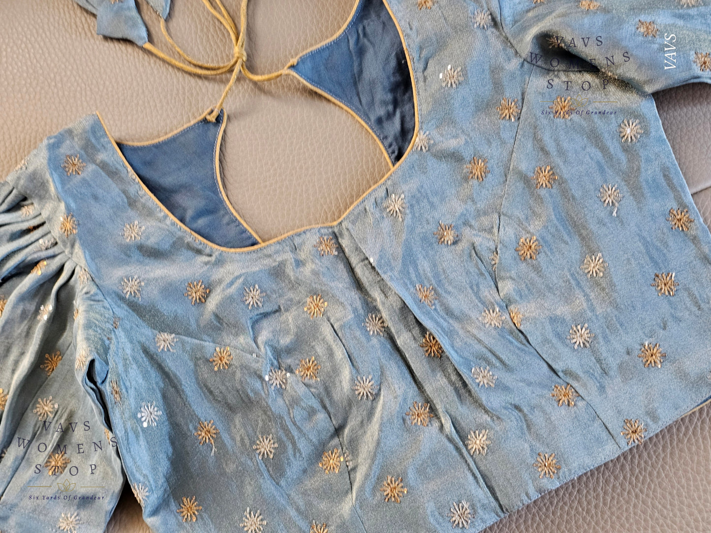 Blue Shade Tissue Blouse with Puff Sleeves & Star Butta Design | Size 34–40