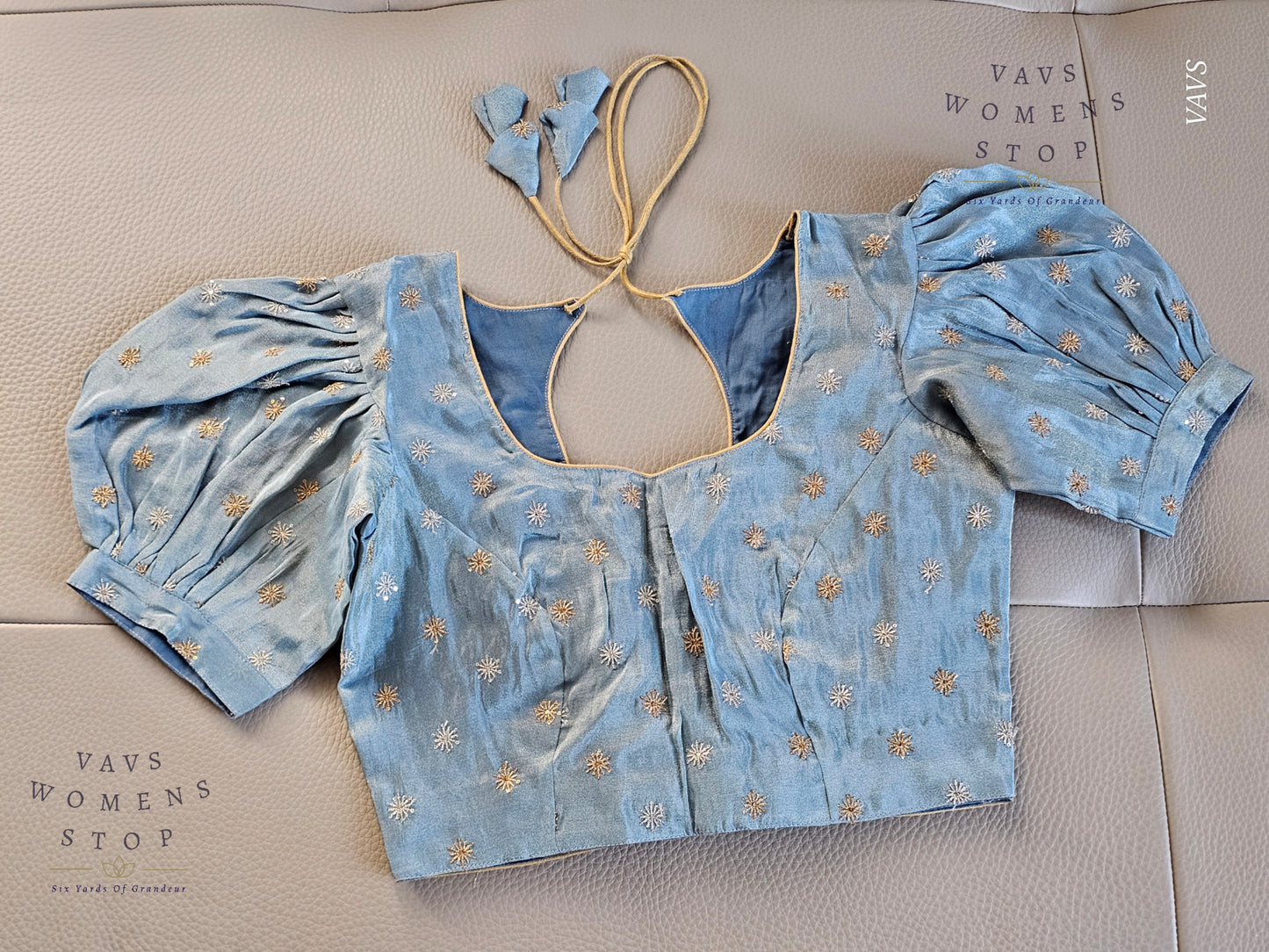 Blue Shade Tissue Blouse with Puff Sleeves & Star Butta Design | Size 34–40