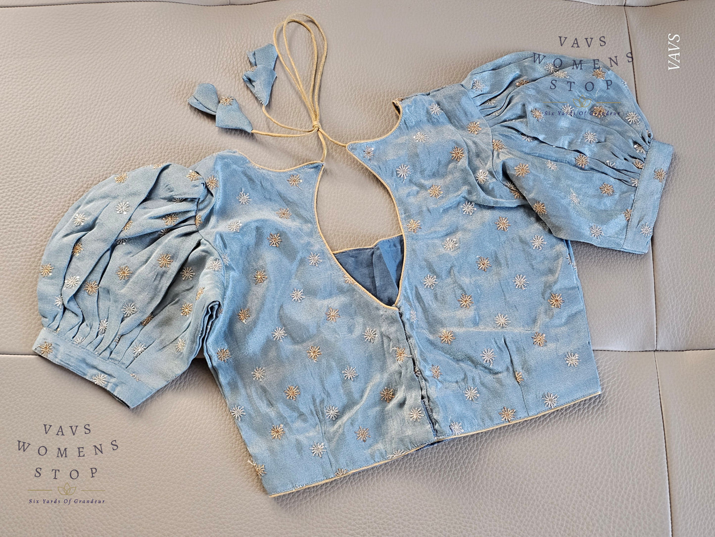 Blue Shade Tissue Blouse with Puff Sleeves & Star Butta Design | Size 34–40