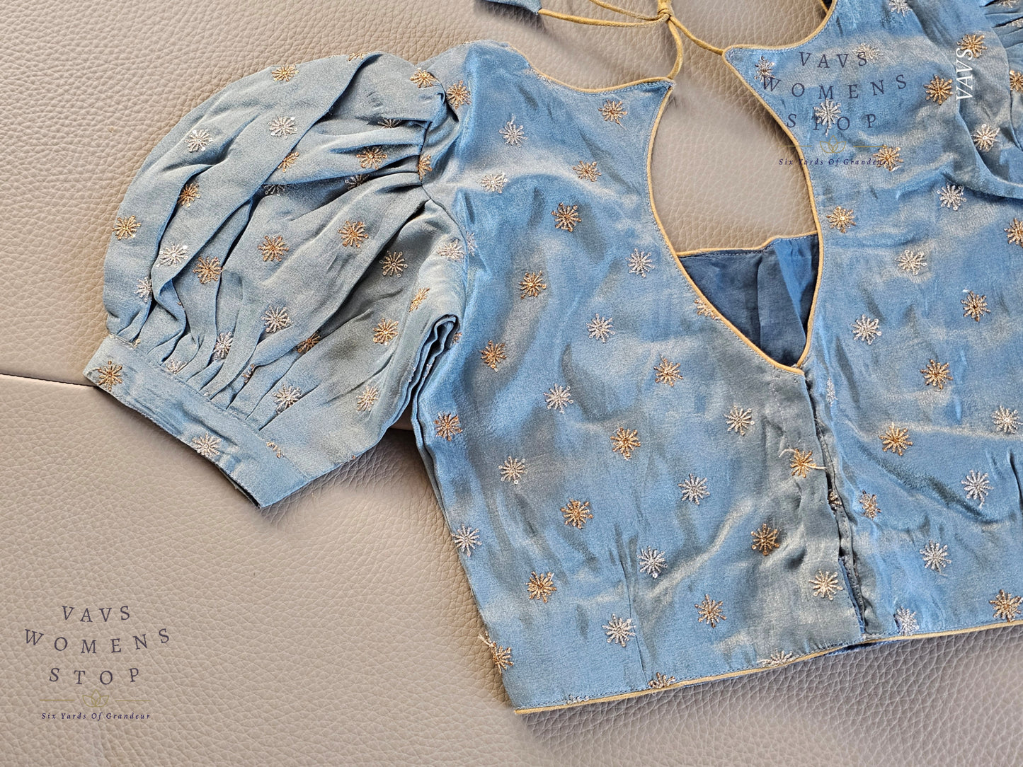 Blue Shade Tissue Blouse with Puff Sleeves & Star Butta Design | Size 34–40