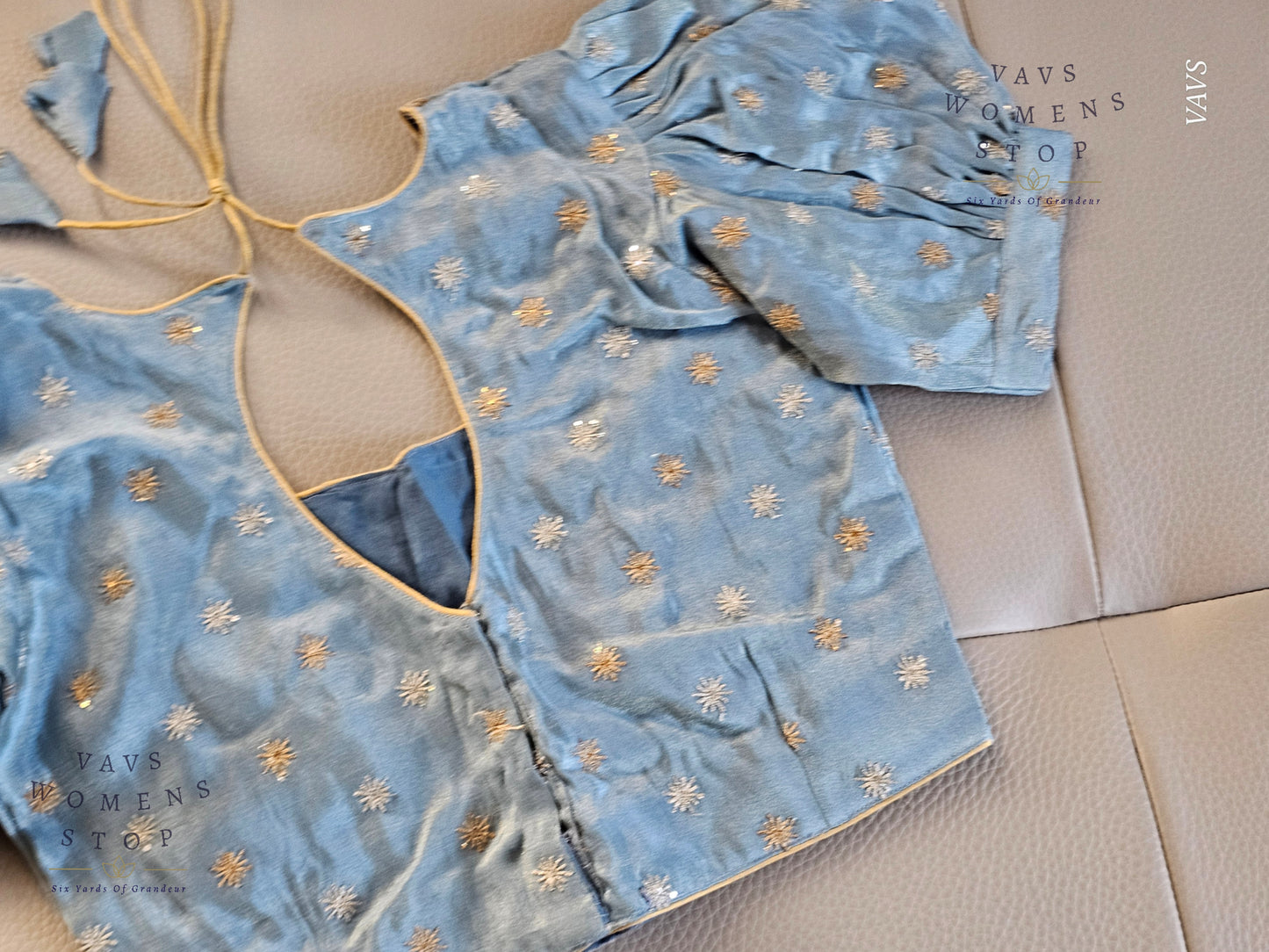 Blue Shade Tissue Blouse with Puff Sleeves & Star Butta Design | Size 34–40