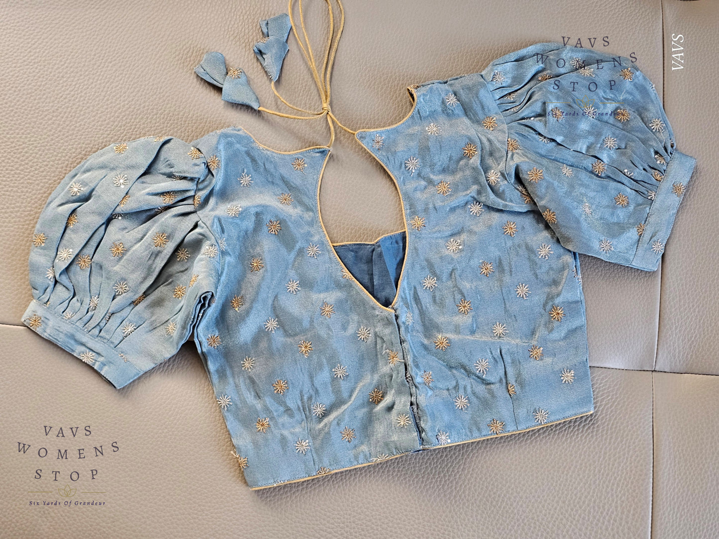 Blue Shade Tissue Blouse with Puff Sleeves & Star Butta Design | Size 34–40