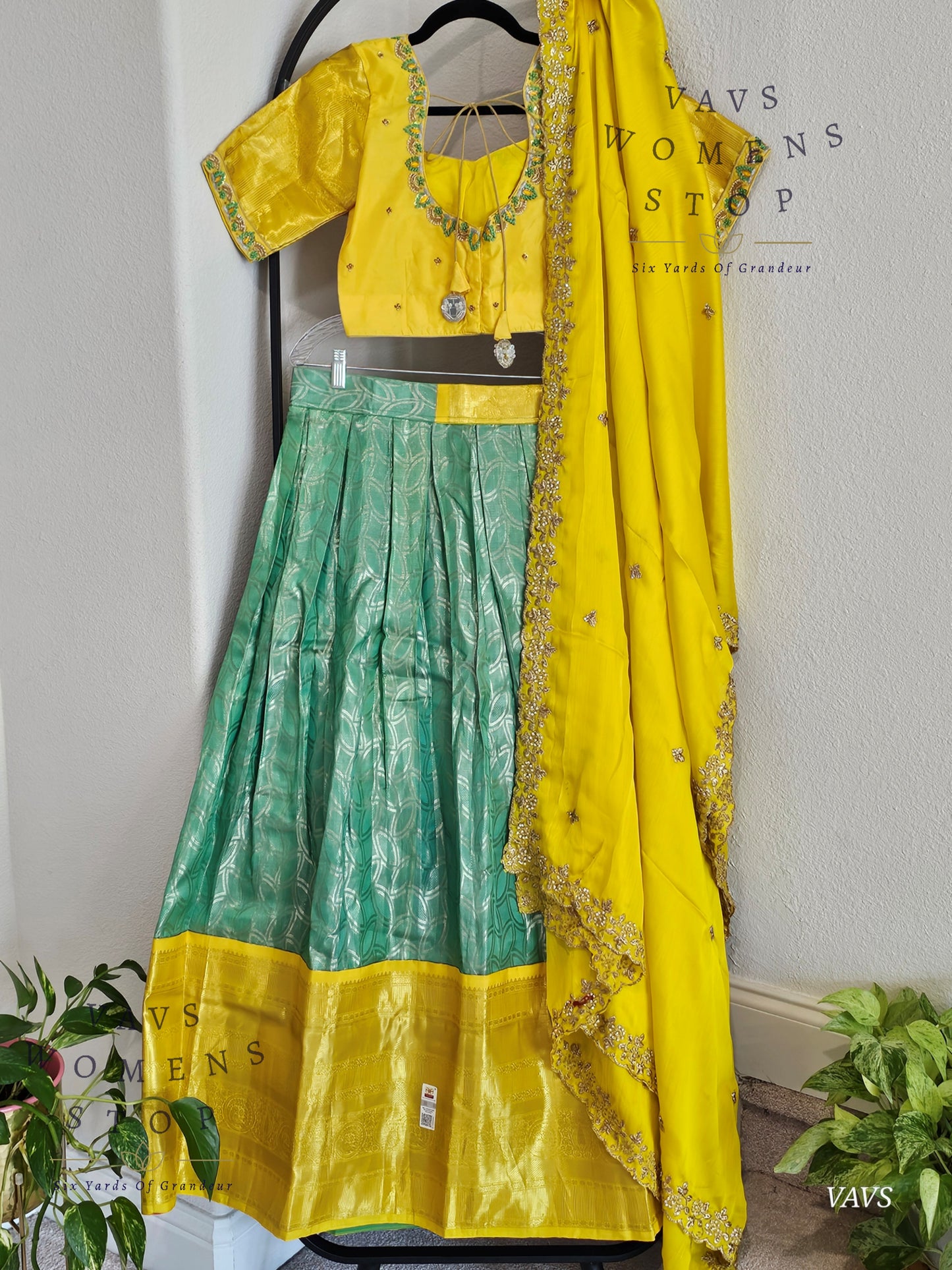 Sea Green Yellow Combination Pure Kanchi Silk Handloom Traditional Half Saree Set | Size 34–40