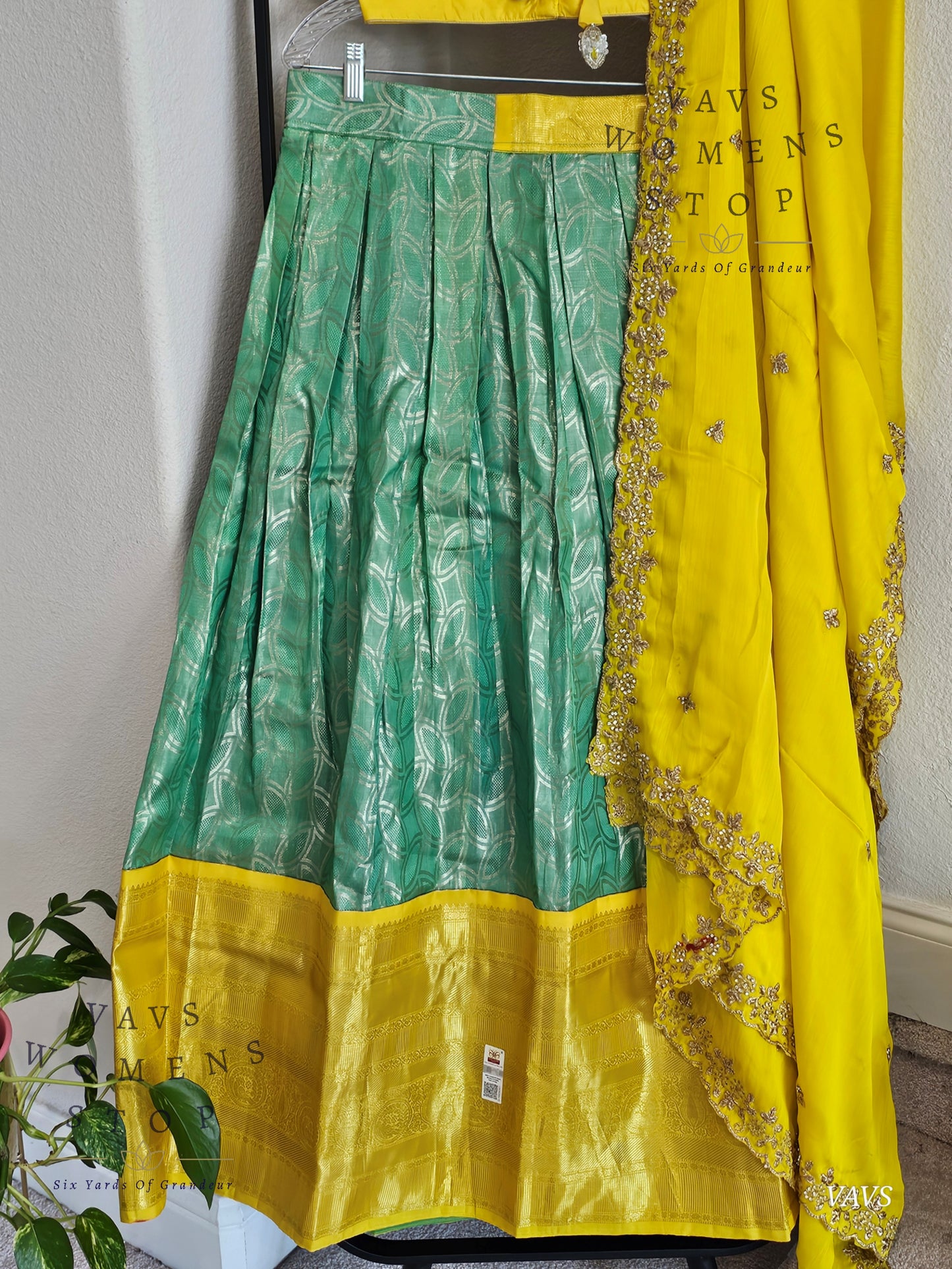 Sea Green Yellow Combination Pure Kanchi Silk Handloom Traditional Half Saree Set | Size 34–40