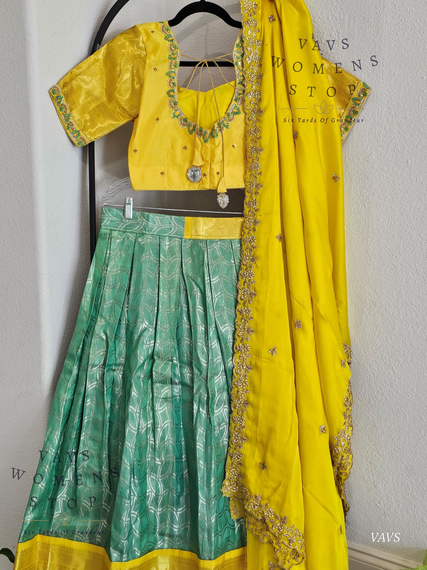 Sea Green Yellow Combination Pure Kanchi Silk Handloom Traditional Half Saree Set | Size 34–40