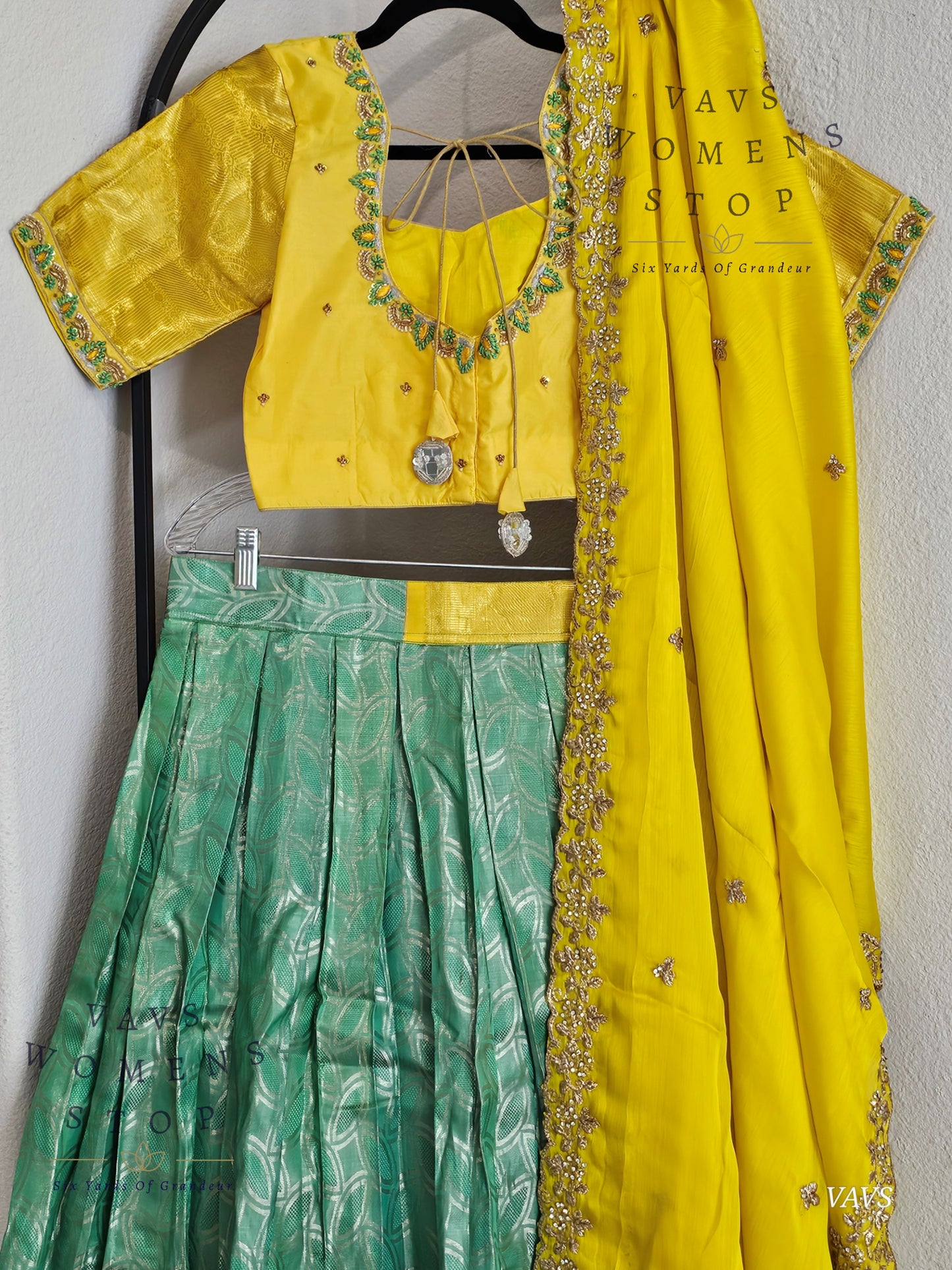 Sea Green Yellow Combination Pure Kanchi Silk Handloom Traditional Half Saree Set | Size 34–40