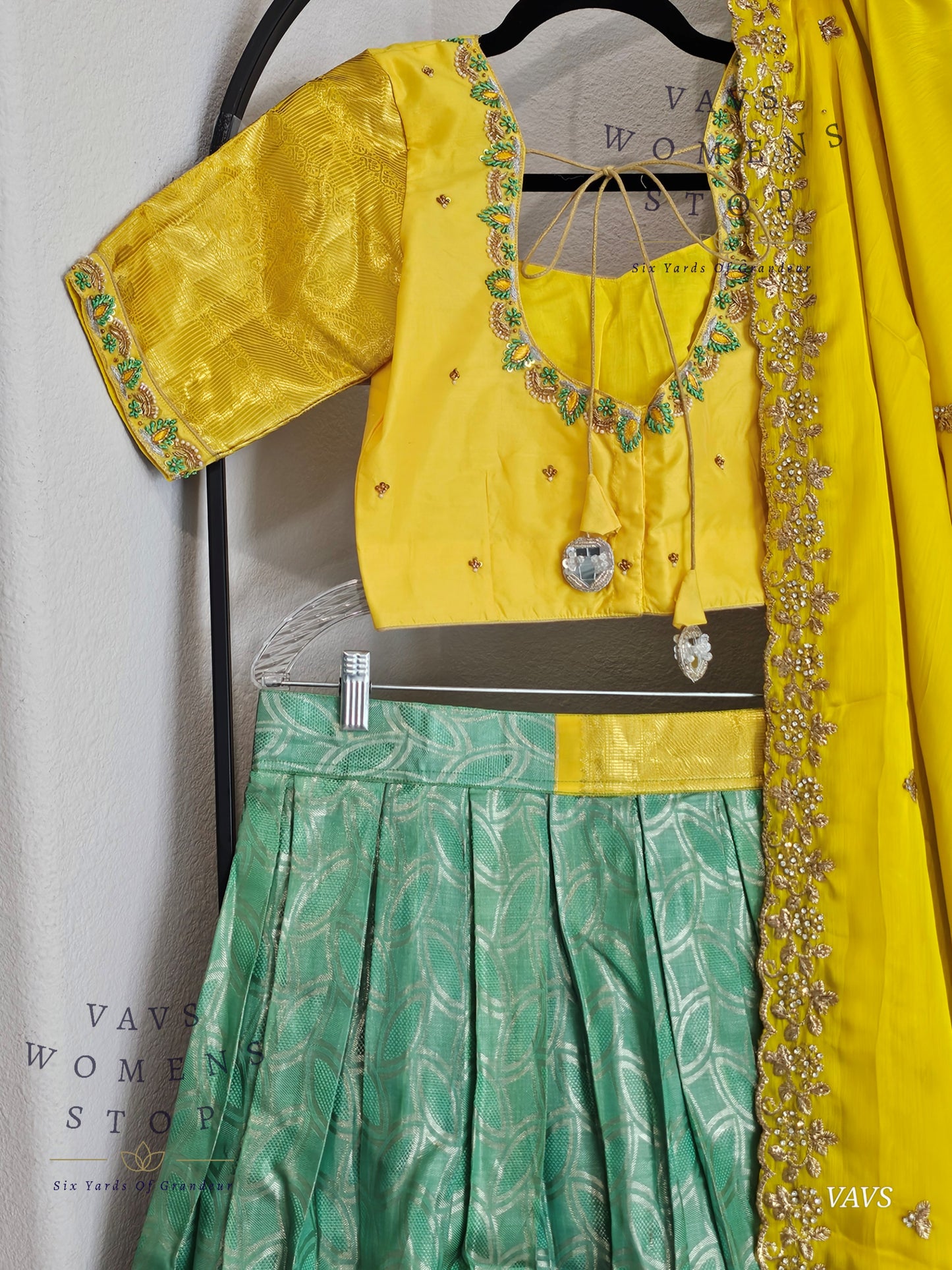 Sea Green Yellow Combination Pure Kanchi Silk Handloom Traditional Half Saree Set | Size 34–40