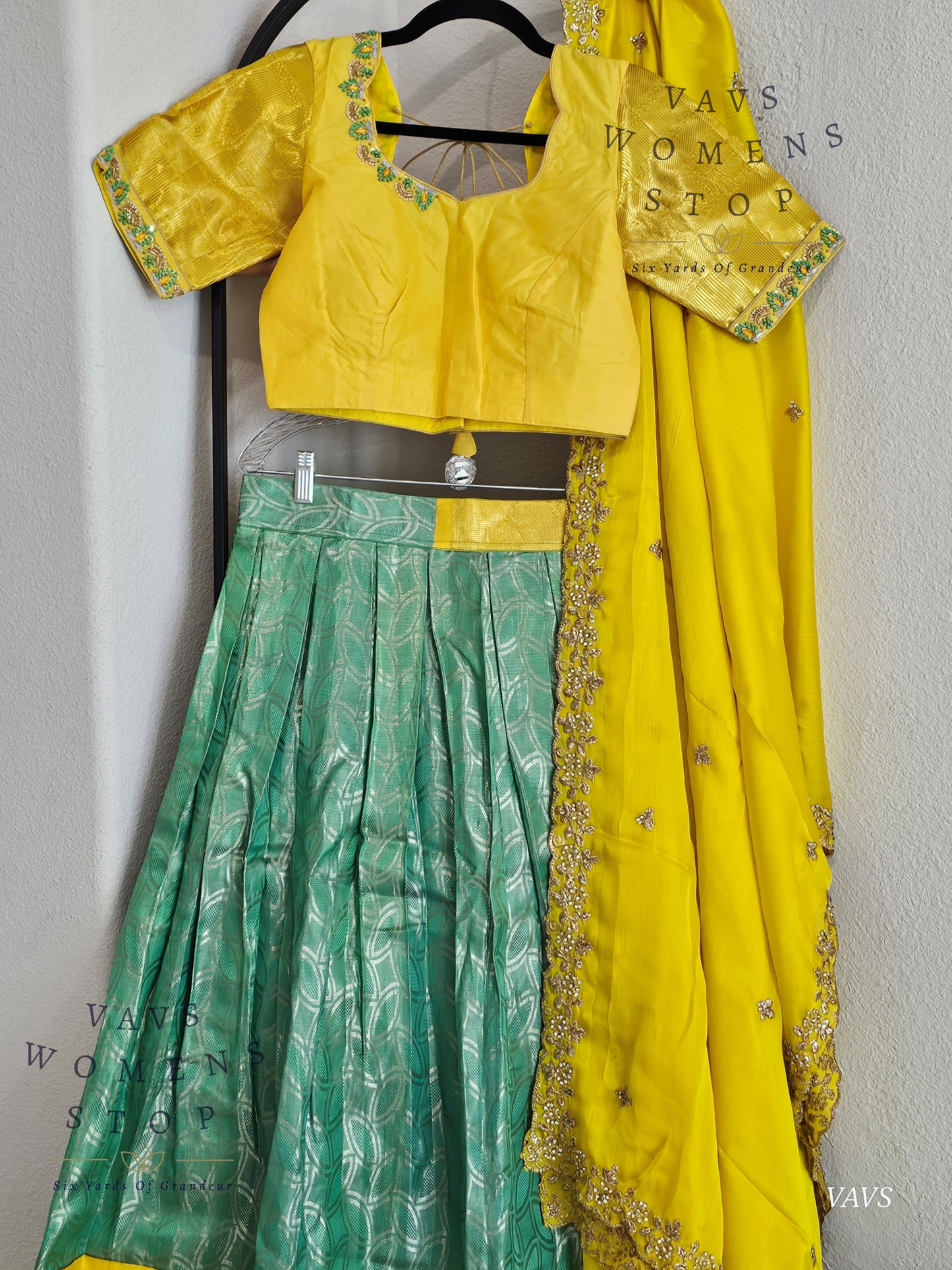 Sea Green Yellow Combination Pure Kanchi Silk Handloom Traditional Half Saree Set | Size 34–40