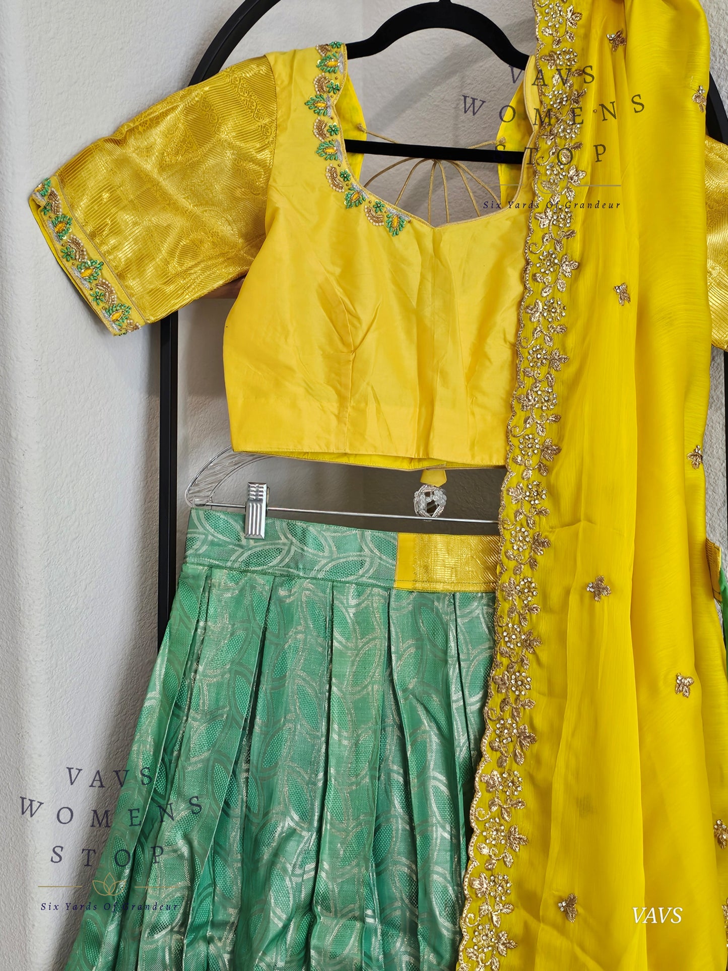 Sea Green Yellow Combination Pure Kanchi Silk Handloom Traditional Half Saree Set | Size 34–40