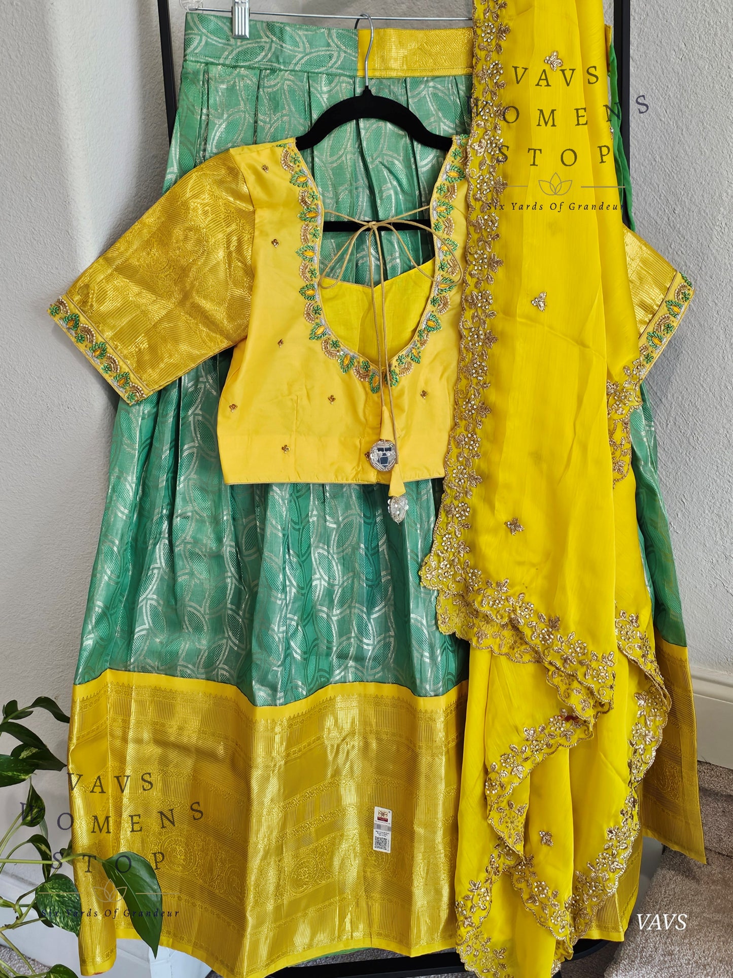 Sea Green Yellow Combination Pure Kanchi Silk Handloom Traditional Half Saree Set | Size 34–40