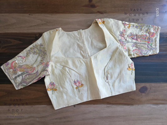 Exclusive Designer Cream Shade Blouse with Sequins & Peacock Sleeve Embroidery